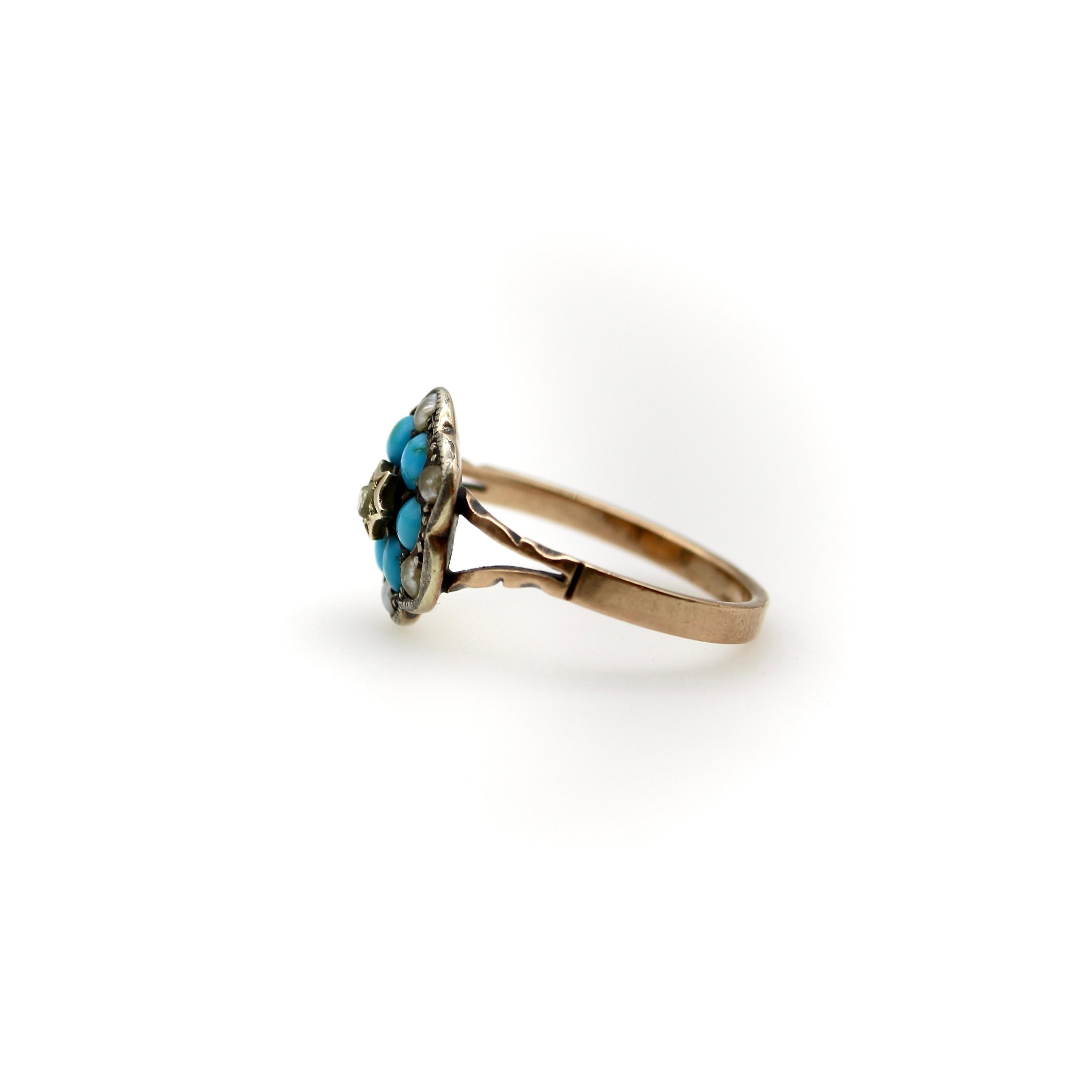 12K Gold and Sterling Silver Diamond Turquoise and Pearl Ring, Early Victorian  In Good Condition For Sale In Venice, CA