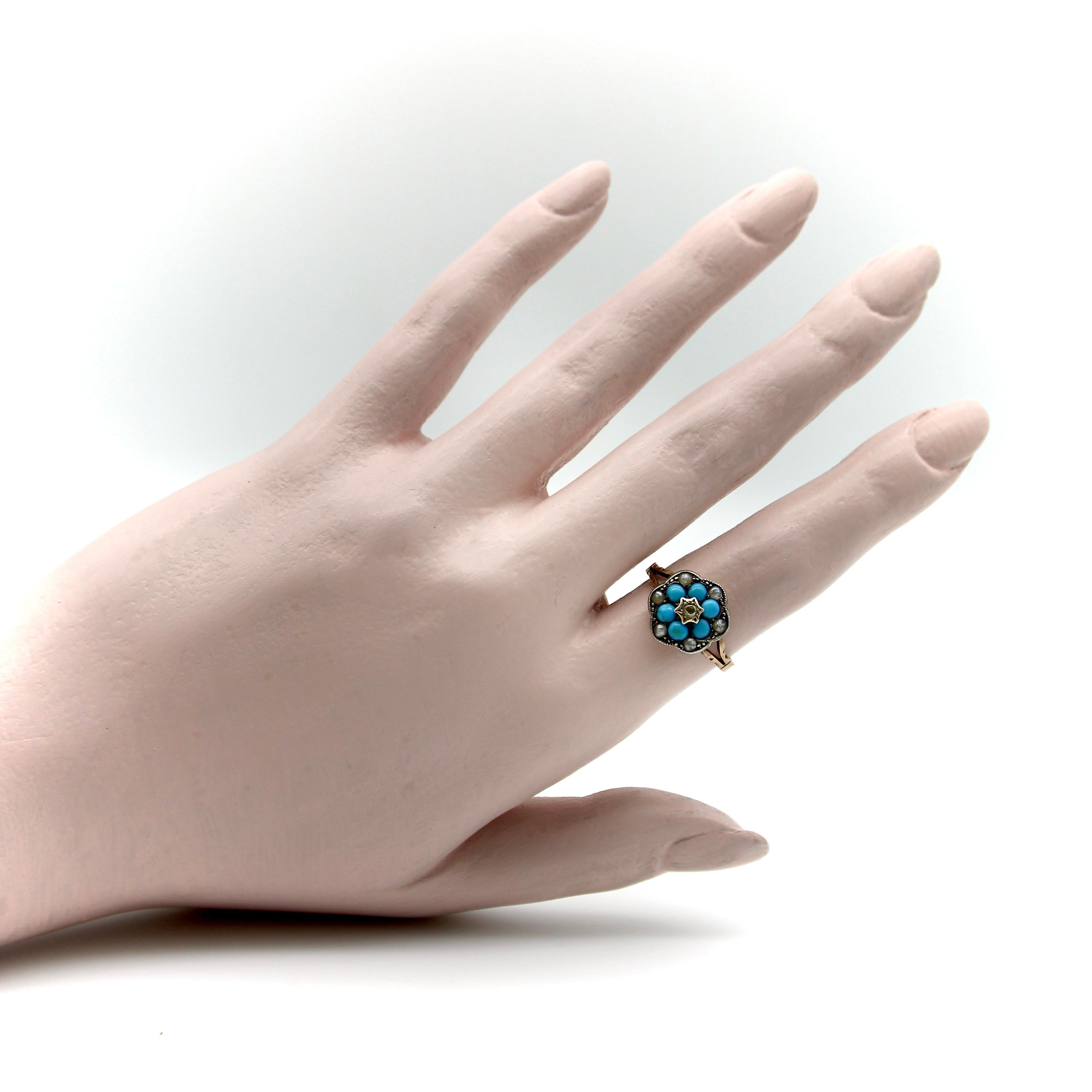 Women's 12K Gold and Sterling Silver Diamond Turquoise and Pearl Ring, Early Victorian  For Sale