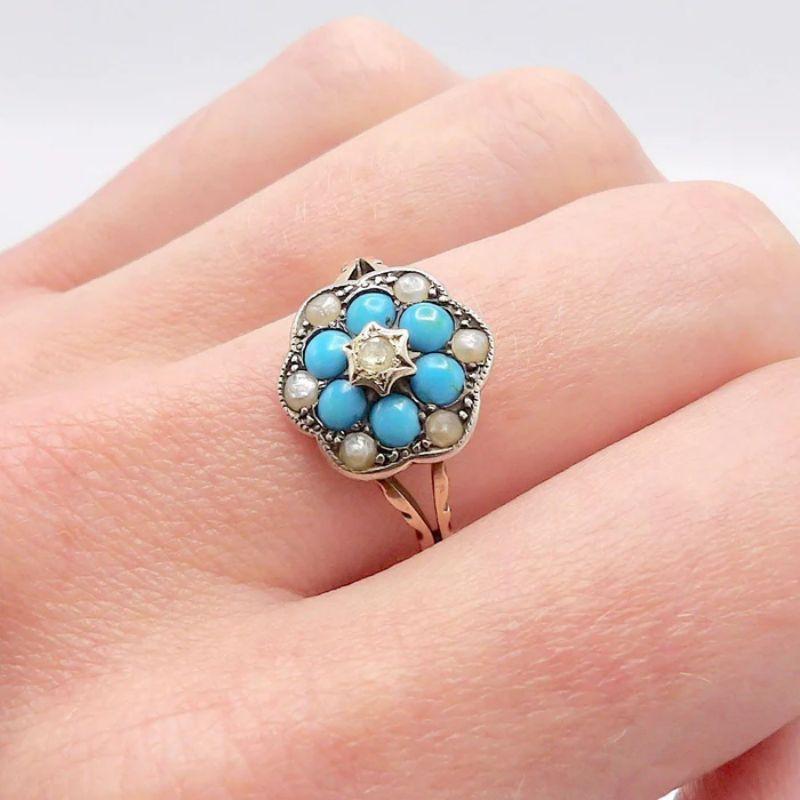 12K Gold and Sterling Silver Diamond Turquoise and Pearl Ring, Early Victorian  For Sale 1