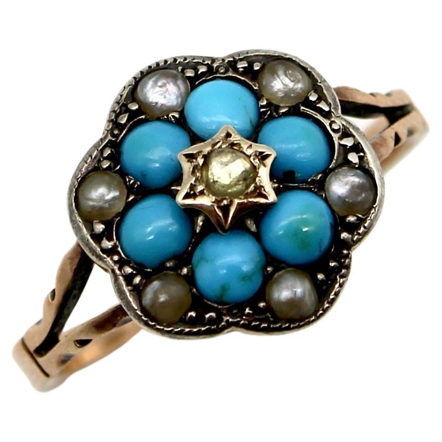 12K Gold and Sterling Silver Diamond Turquoise and Pearl Ring, Early Victorian 