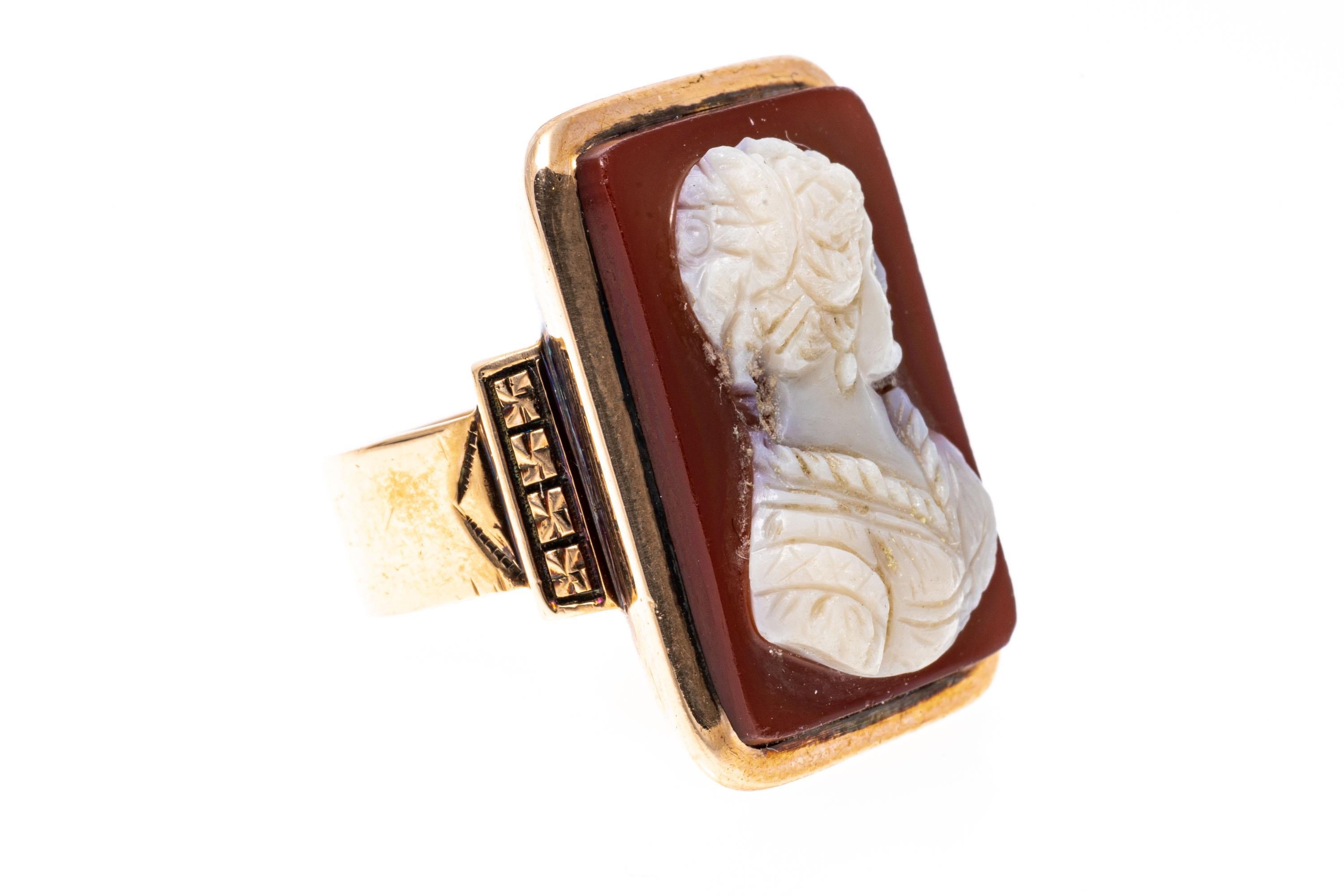 Late Victorian 12k Gold Antique Rectangular Cameo Ring, Right Facing Bust For Sale