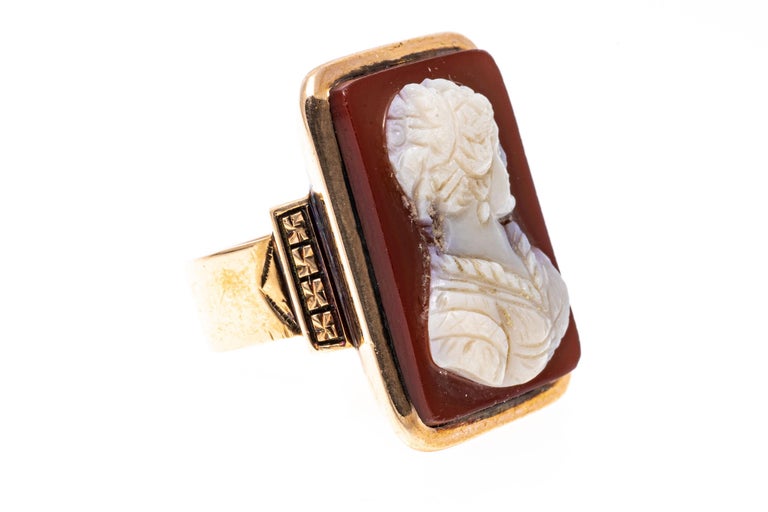 12k Gold Antique Rectangular Cameo Ring, Right Facing Bust For Sale at ...