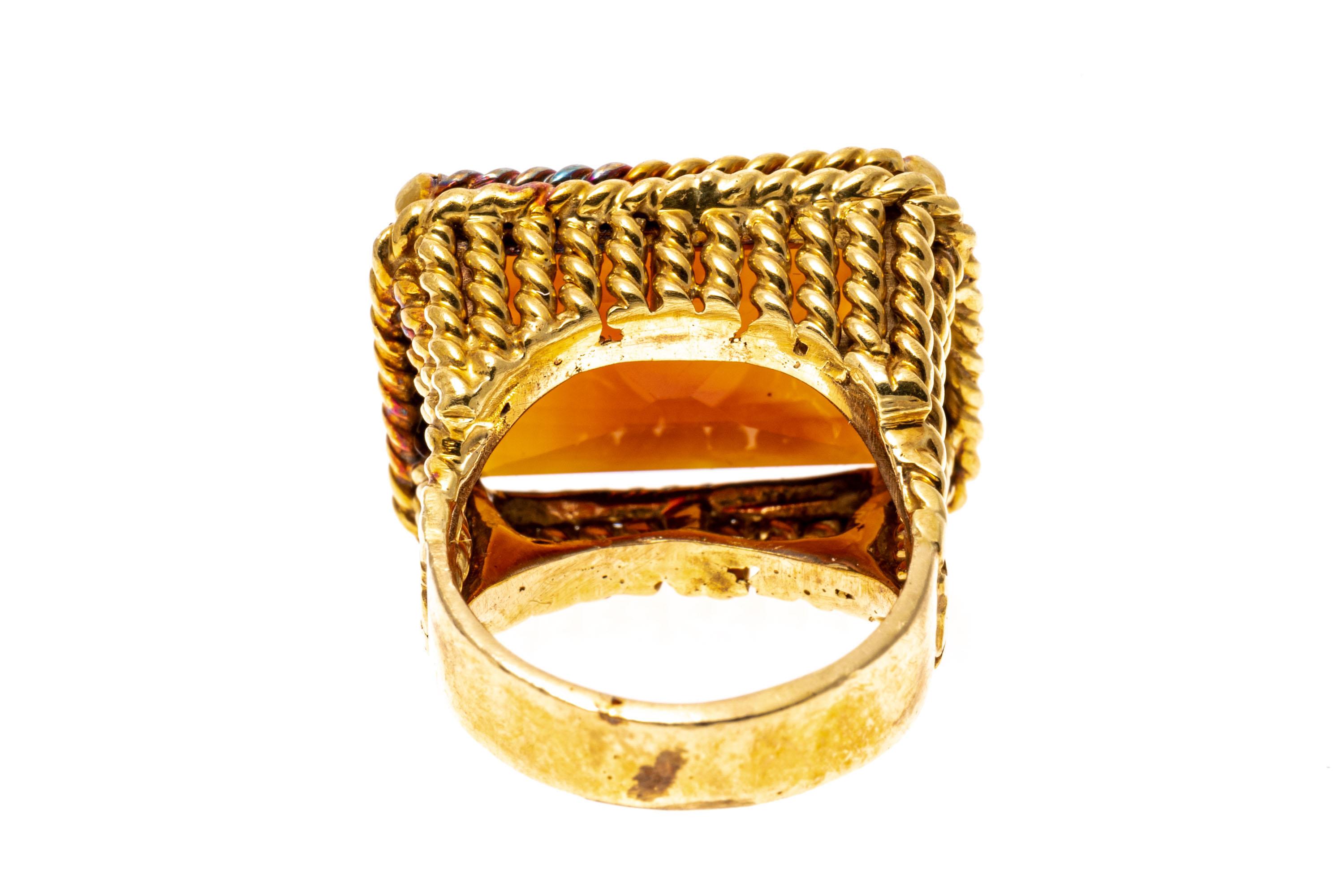 Retro 12k Gold Dark Orange Horizontal Emerald Cut Citrine Twisted Wire Ring For Sale