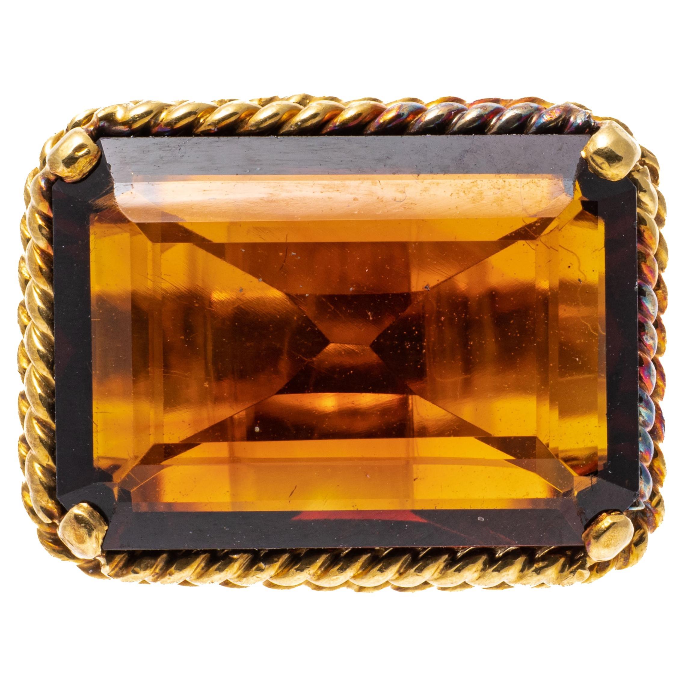 12k Gold Dark Orange Horizontal Emerald Cut Citrine Twisted Wire Ring For Sale