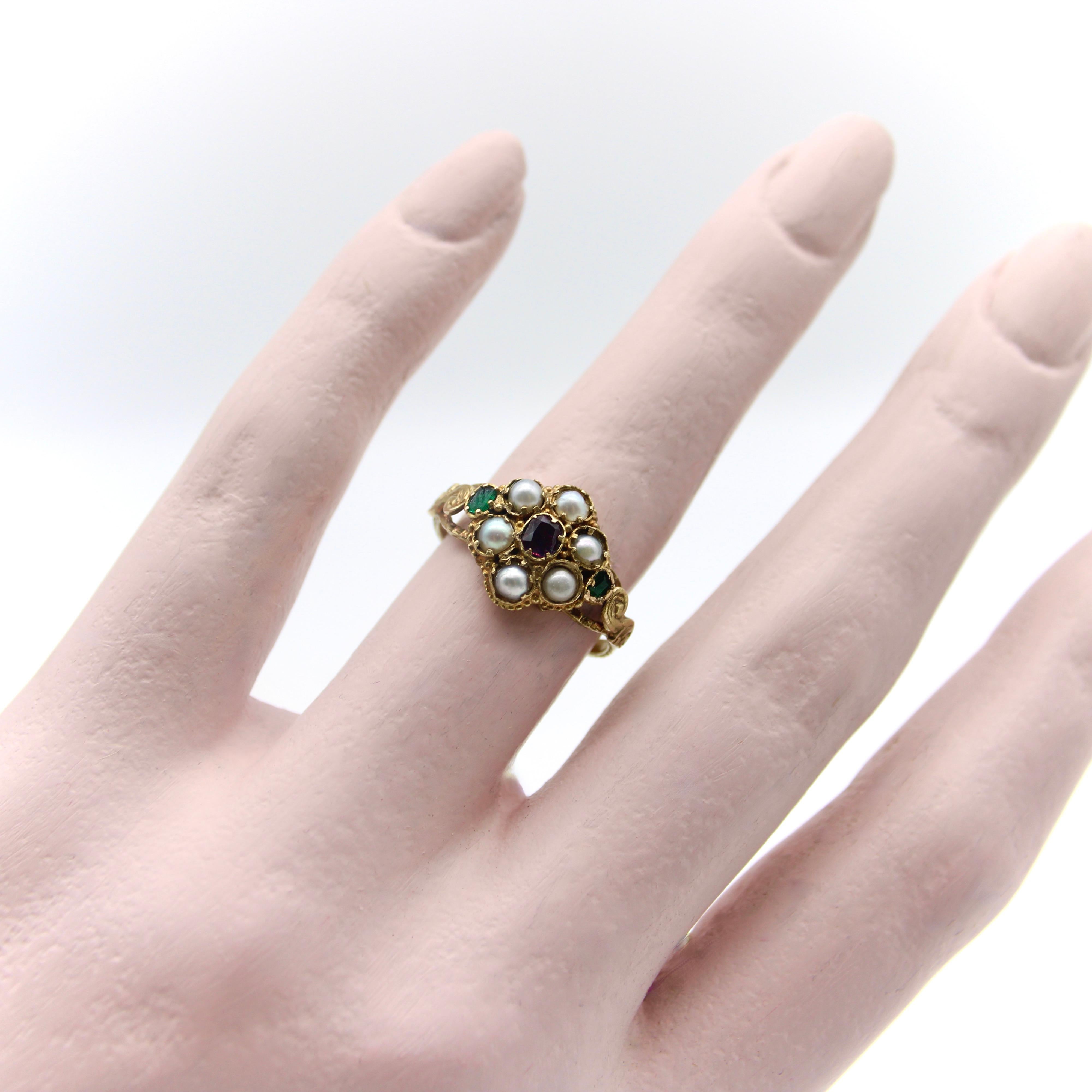 Emerald Cut 12k Gold Early Victorian Flower Ring with Garnet, Emeralds, and Pearls For Sale