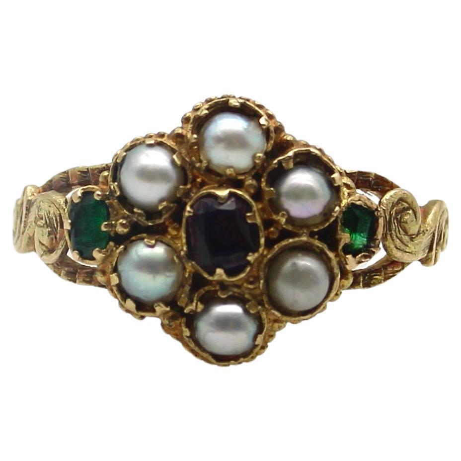 12k Gold Early Victorian Flower Ring with Garnet, Emeralds, and Pearls