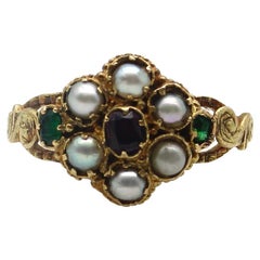 12k Gold Early Victorian Flower Ring with Garnet, Emeralds, and Pearls