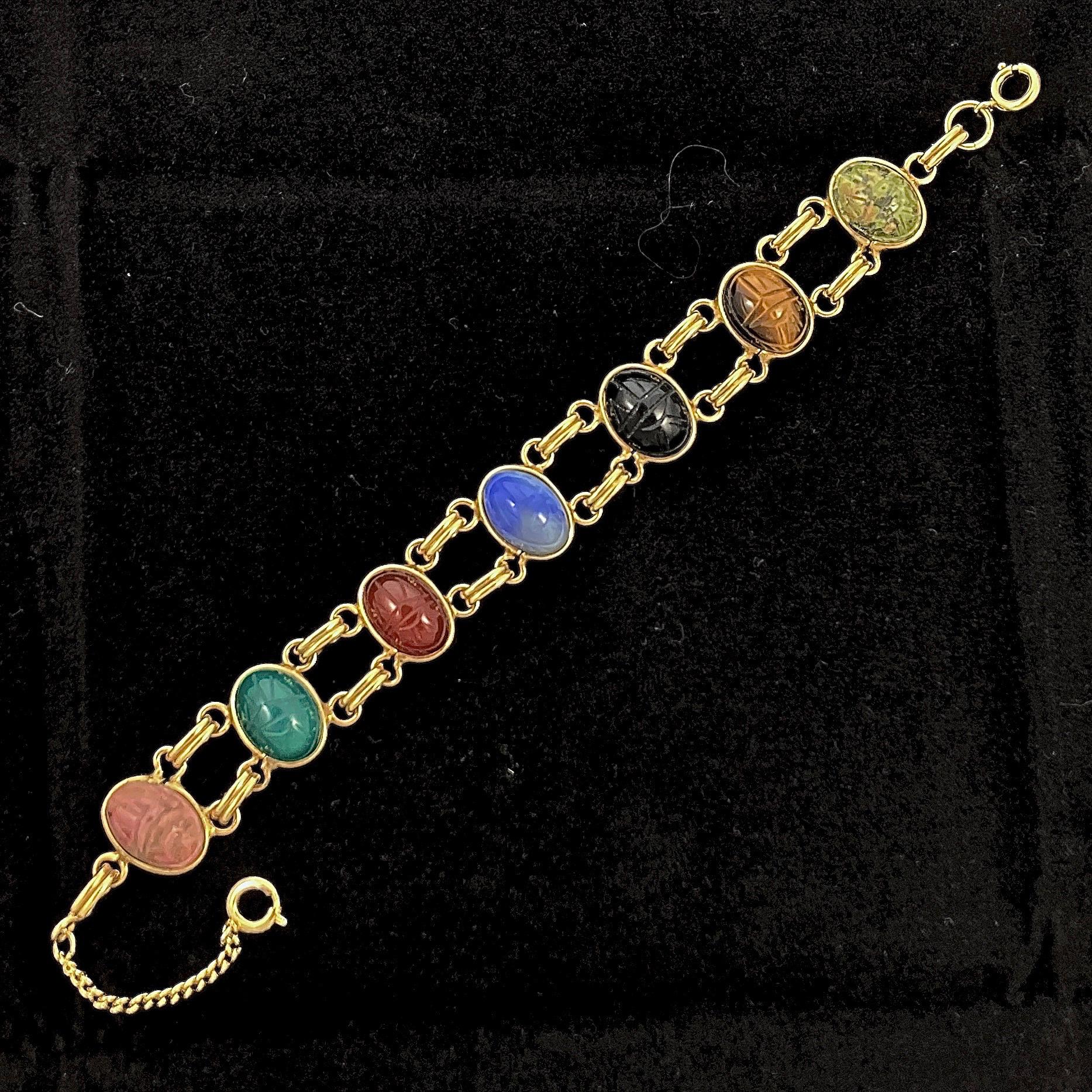 Women's or Men's 12K Gold Filled Semi Precious Stone Scarab Link Bracelet circa 1950s