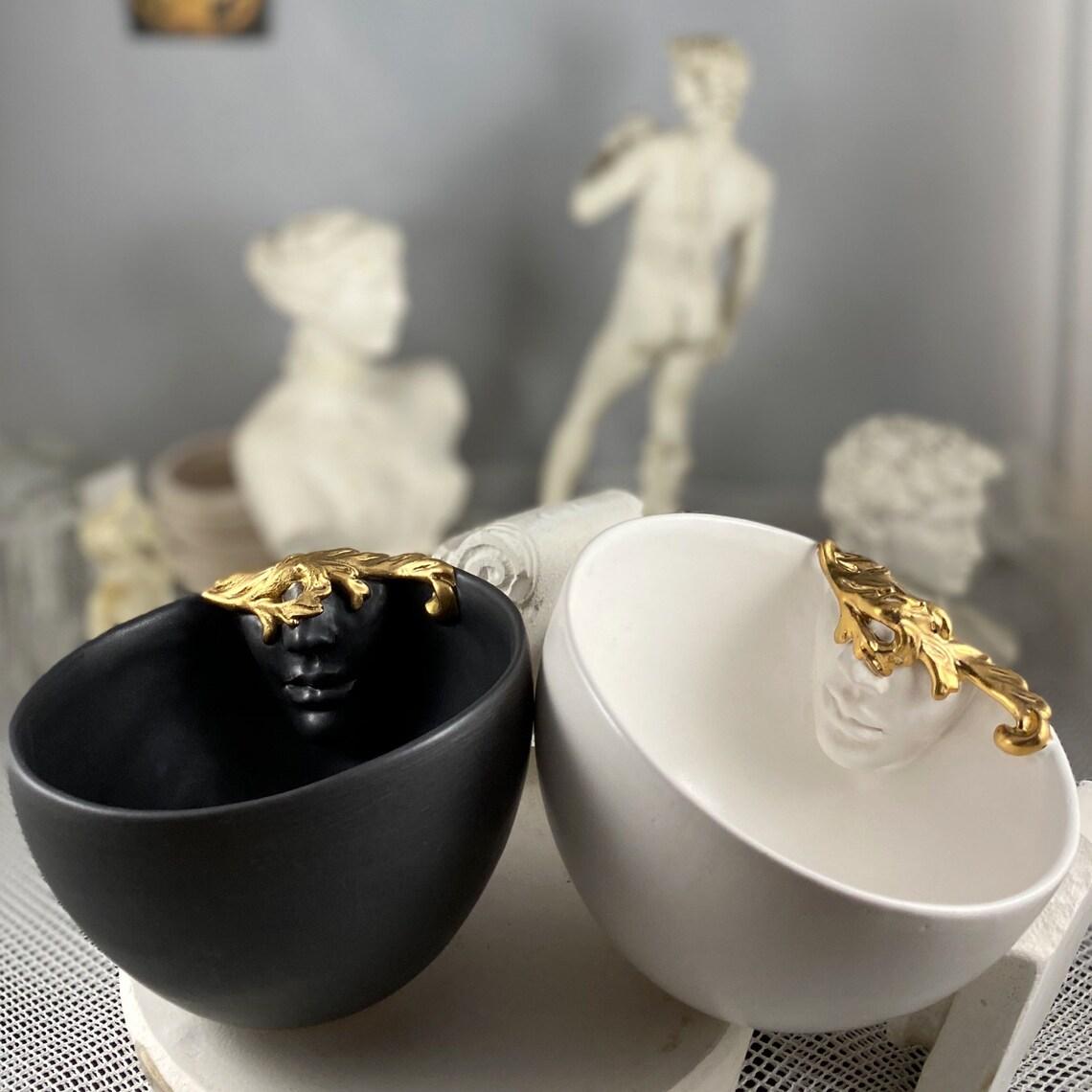 Modern 12k Gold Lustered Ceramic Cups Set of 2 by Hulya Sozer, Face Inside, Black White For Sale