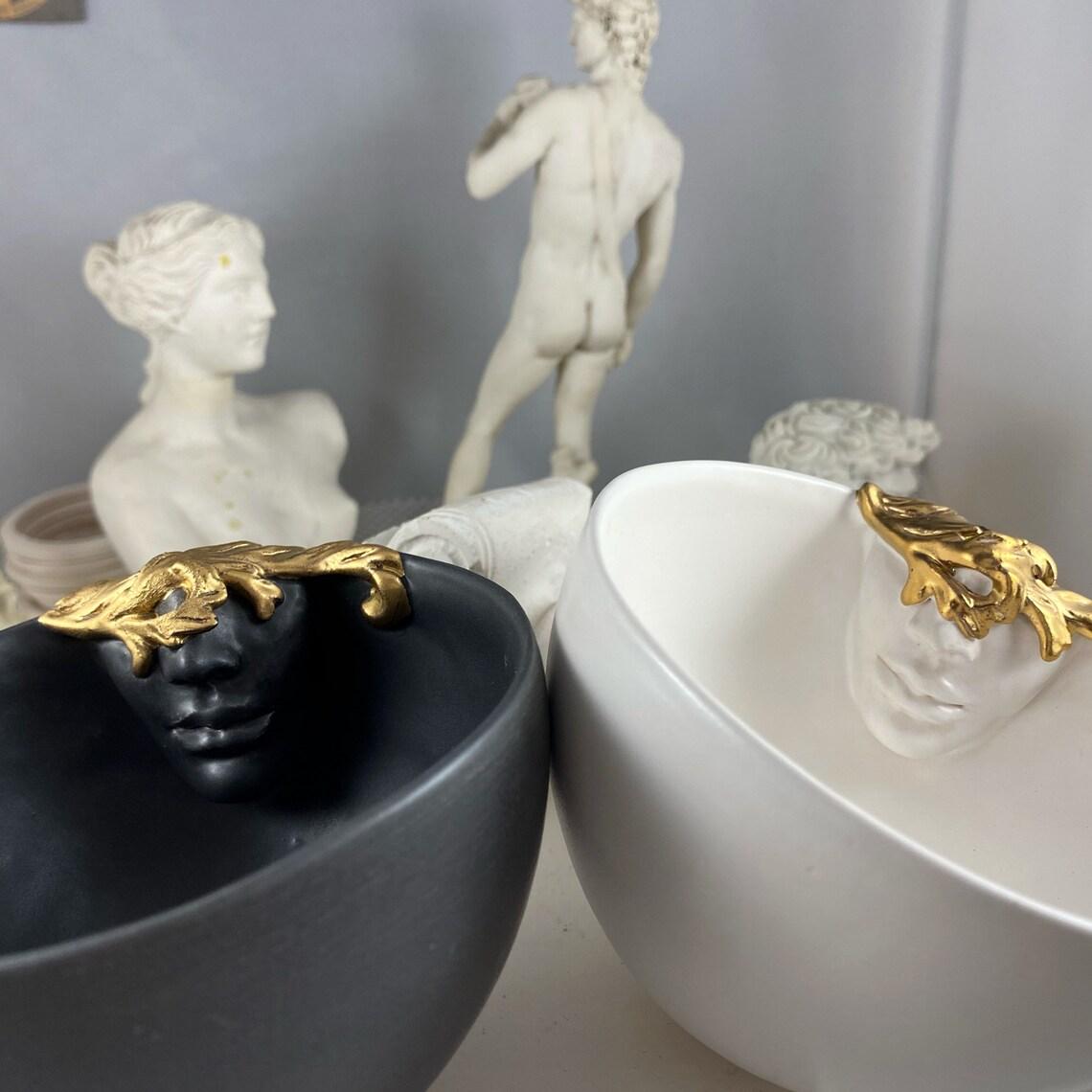 Glazed 12k Gold Lustered Ceramic Cups Set of 2 by Hulya Sozer, Face Inside, Black White For Sale
