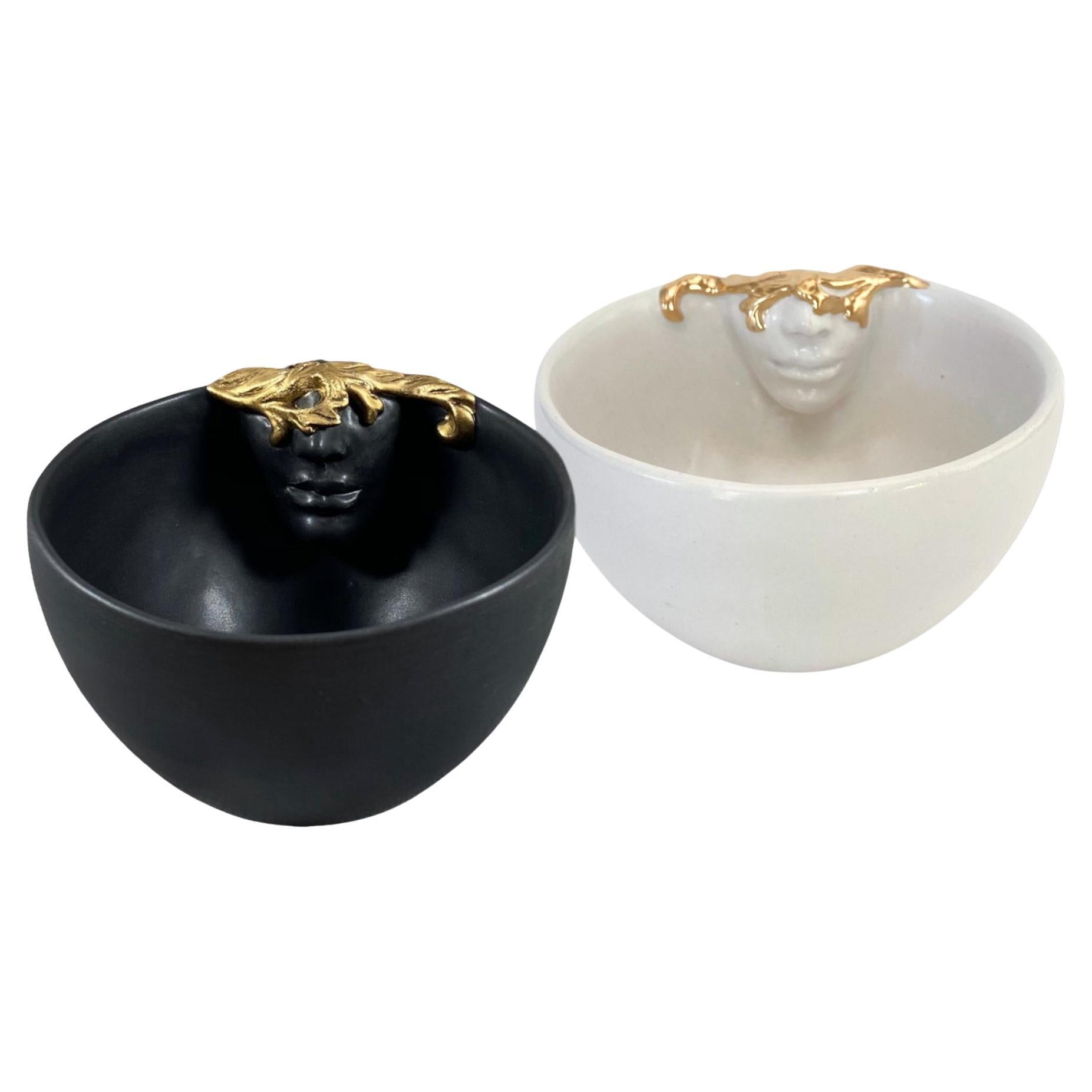 12k Gold Lustered Ceramic Cups Set of 2 by Hulya Sozer, Face Inside, Black White For Sale