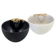 12k Gold Lustered Ceramic Cups Set of 2 by Hulya Sozer, Face Inside, Black White