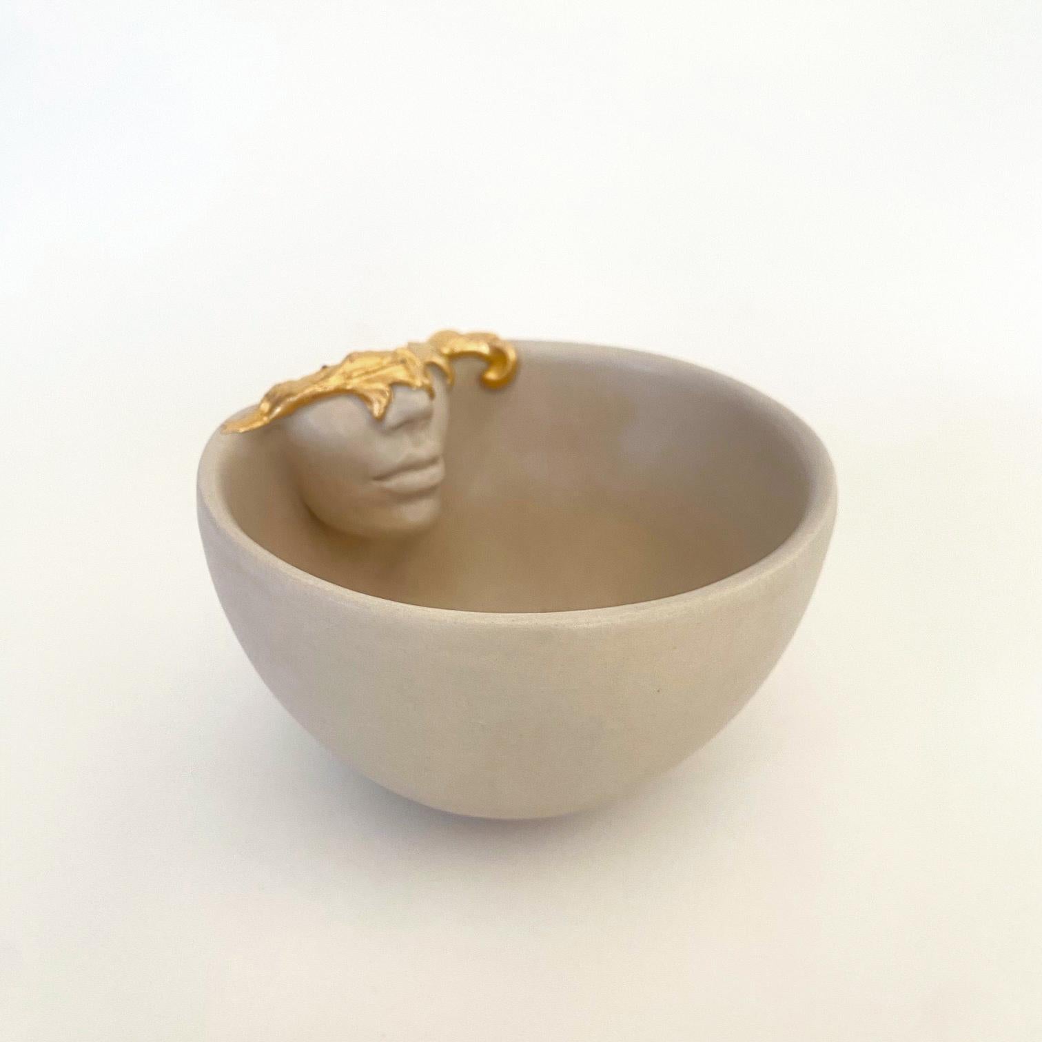 Modern 12k Gold Lustered Ceramic Cups Set of 2 by Hulya Sozer, Face Inside Serie, Beige For Sale