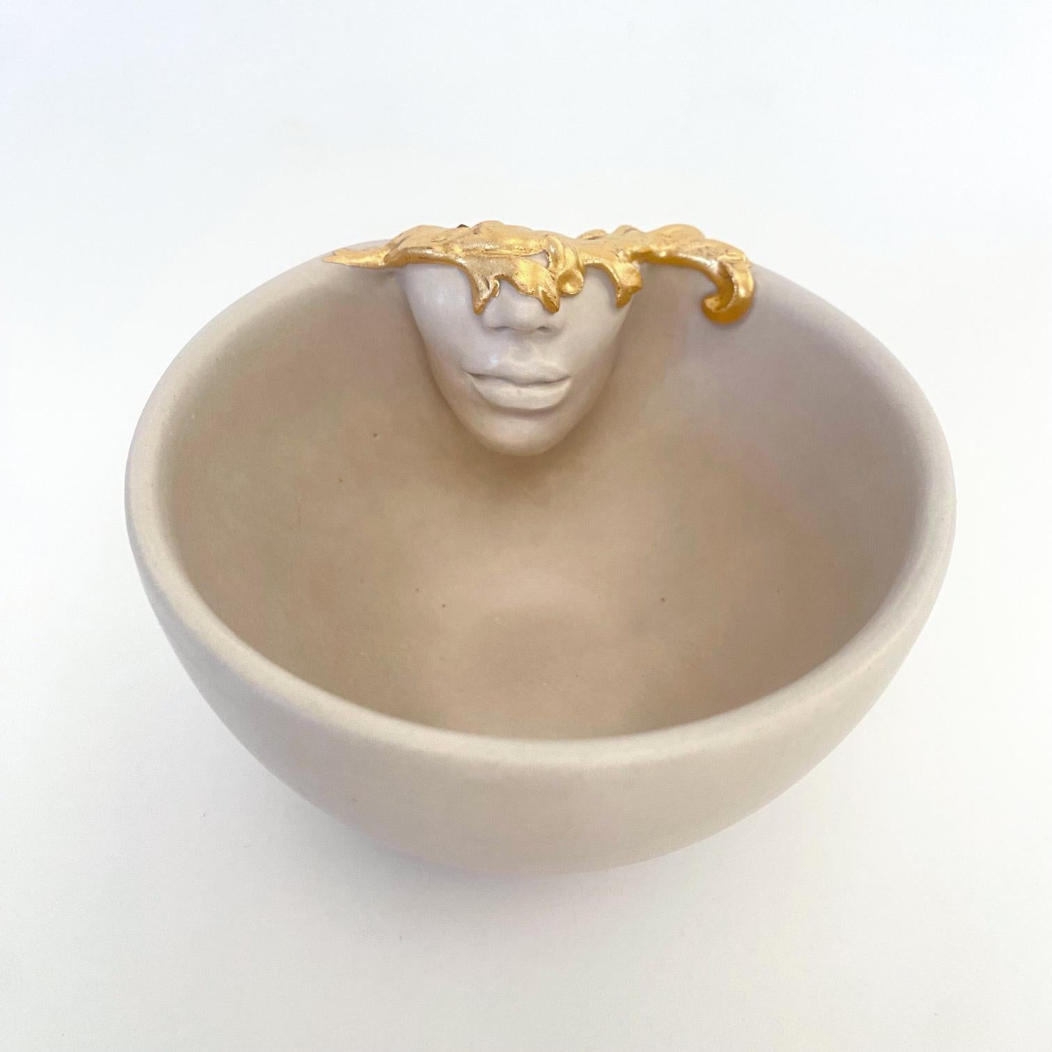 Glazed 12k Gold Lustered Ceramic Cups Set of 2 by Hulya Sozer, Face Inside Serie, Beige For Sale