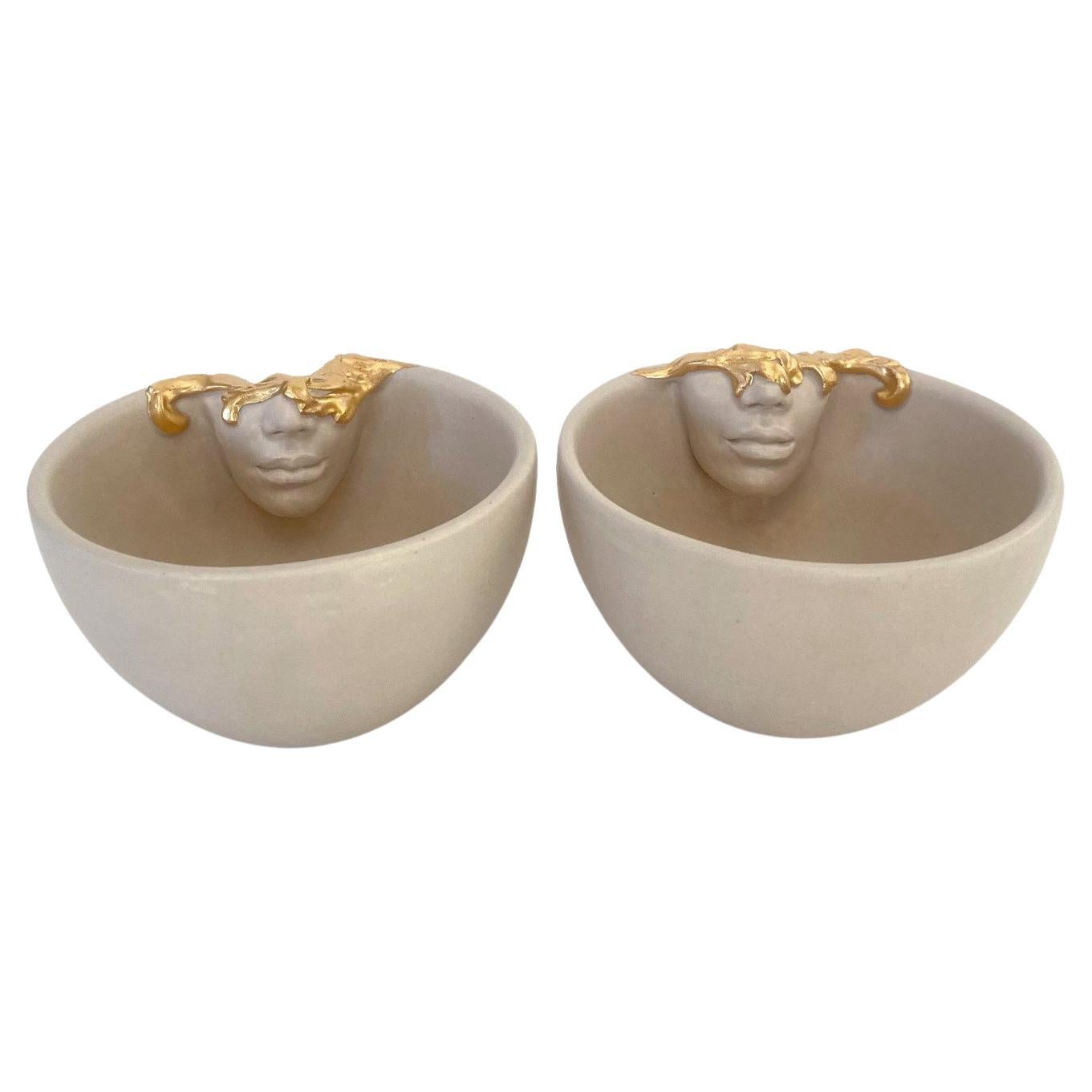 12k Gold Lustered Ceramic Cups Set of 2 by Hulya Sozer, Face Inside Serie, Beige For Sale