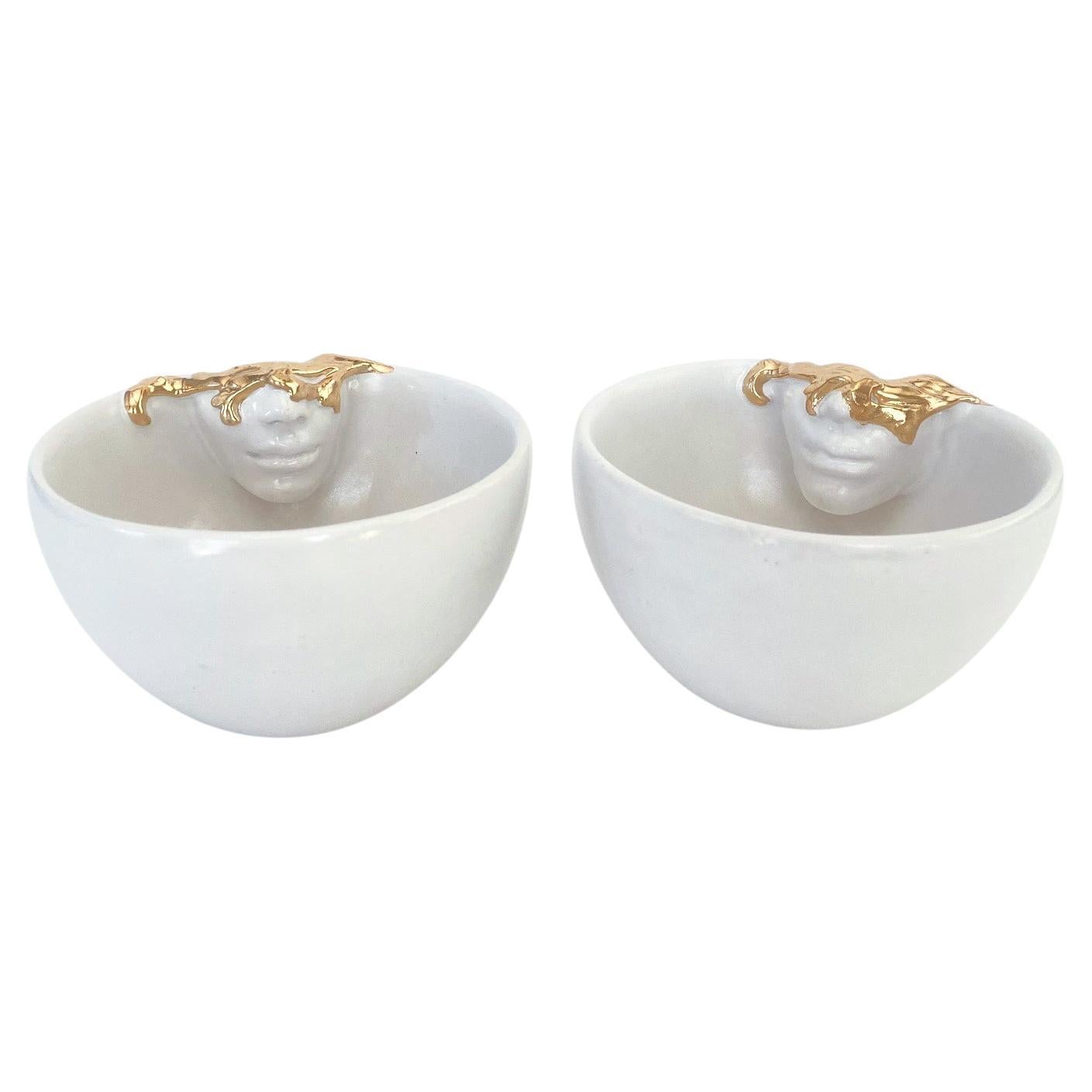 12k Gold Lustered Ceramic Cups Set of 2 by Hulya Sozer, Face Inside Serie, White For Sale