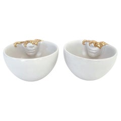 12k Gold Lustered Ceramic Cups Set of 2 by Hulya Sozer, Face Inside Serie, White