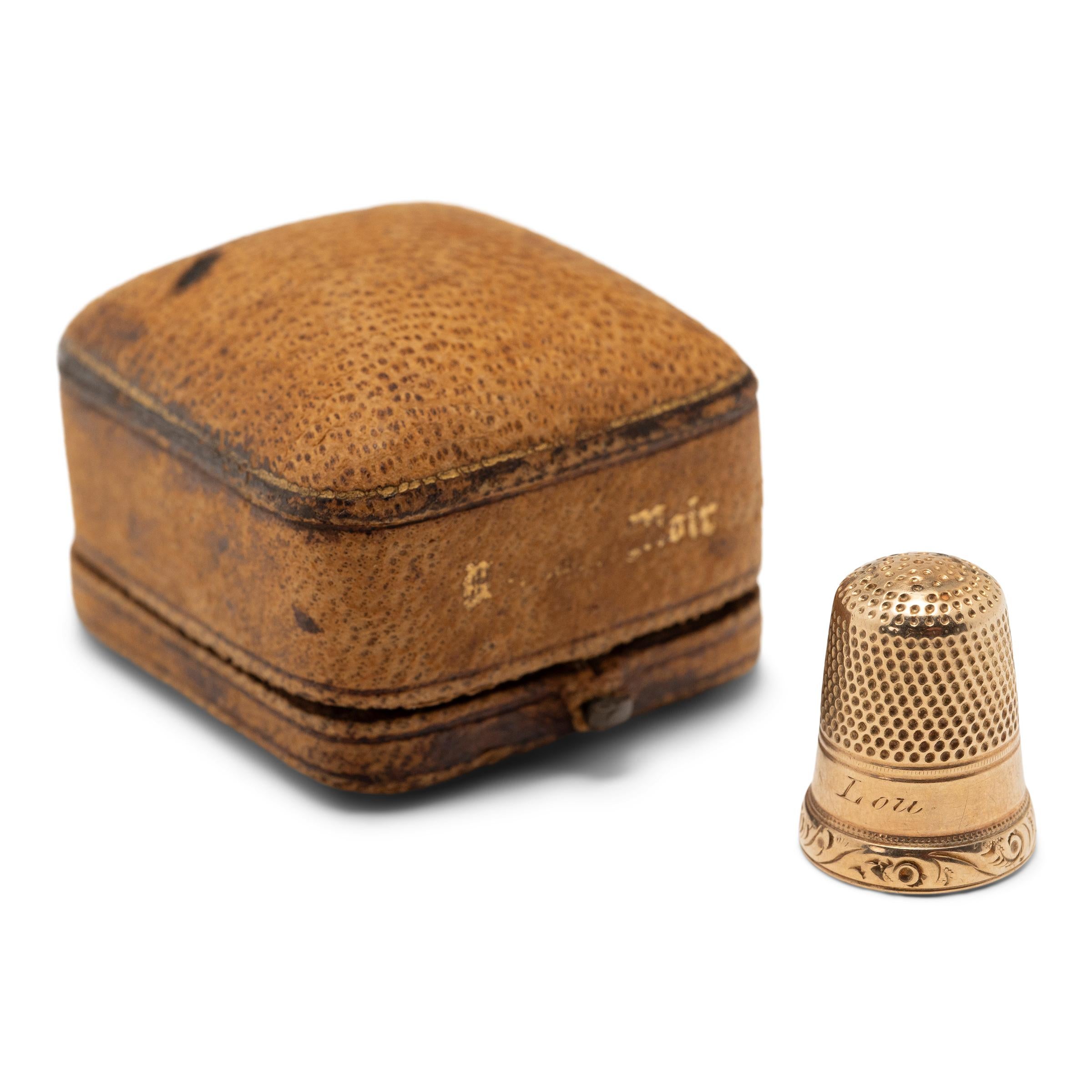 Victorian 12K Gold Thimble in Leather Case, c. 1900 For Sale