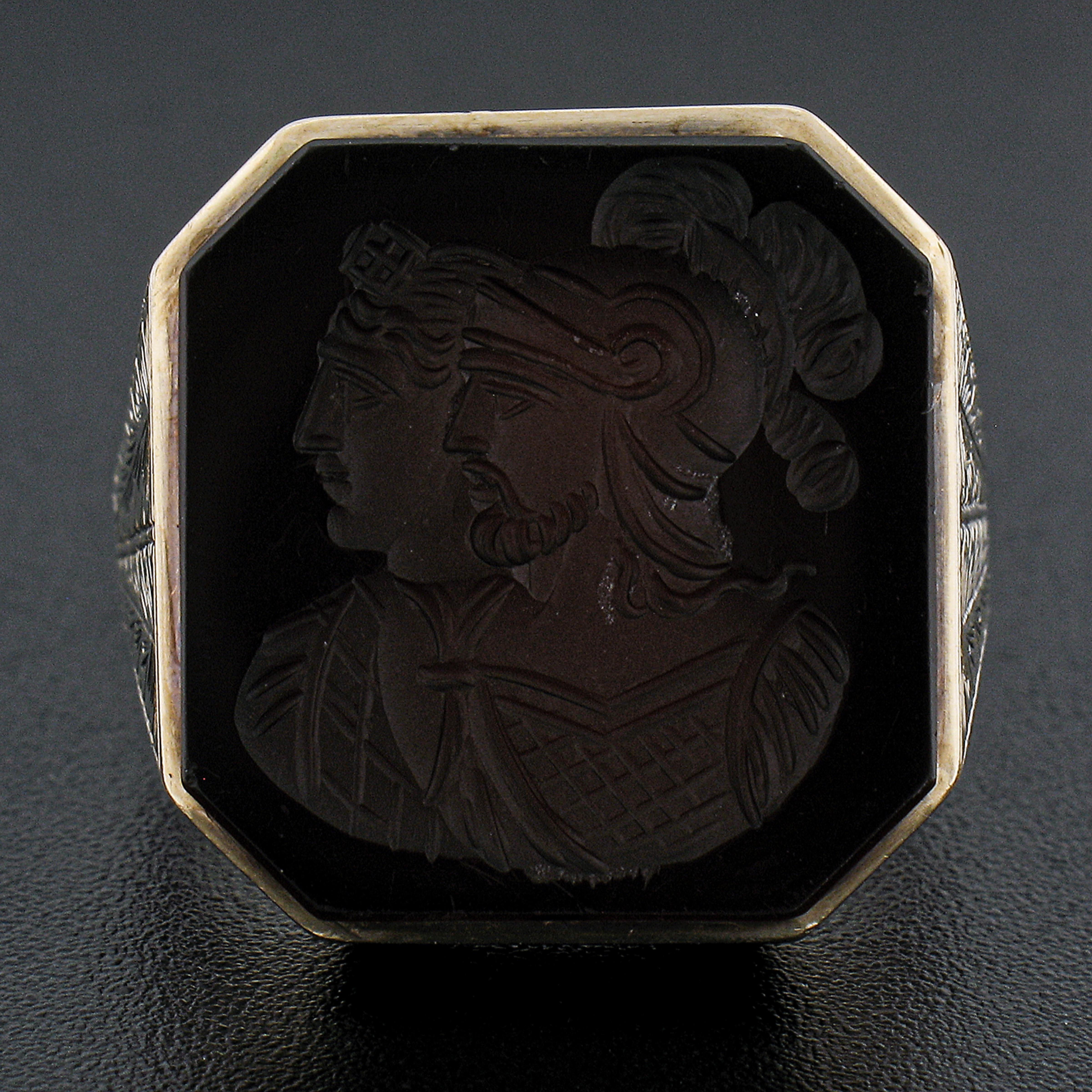 Square Cut 12k Gold Trojan Carved Carnelian Hand Engraved Etched Signet Statement Ring For Sale