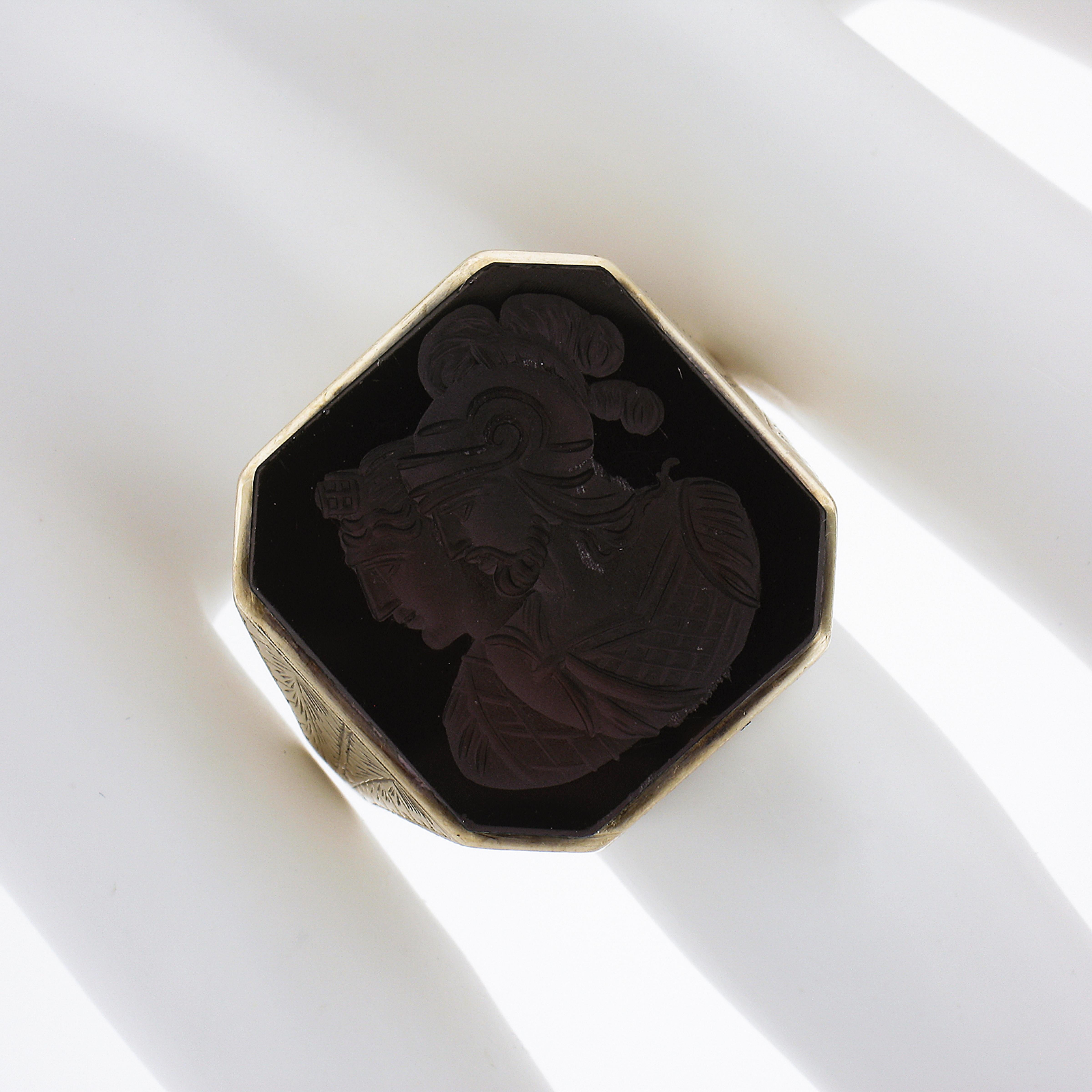 12 Karat Gold Trojan geschnitzter Karneol Hand gravierter, geätzter, geätzter Siegel-Statement-Ring im Zustand „Hervorragend“ im Angebot in Montclair, NJ
