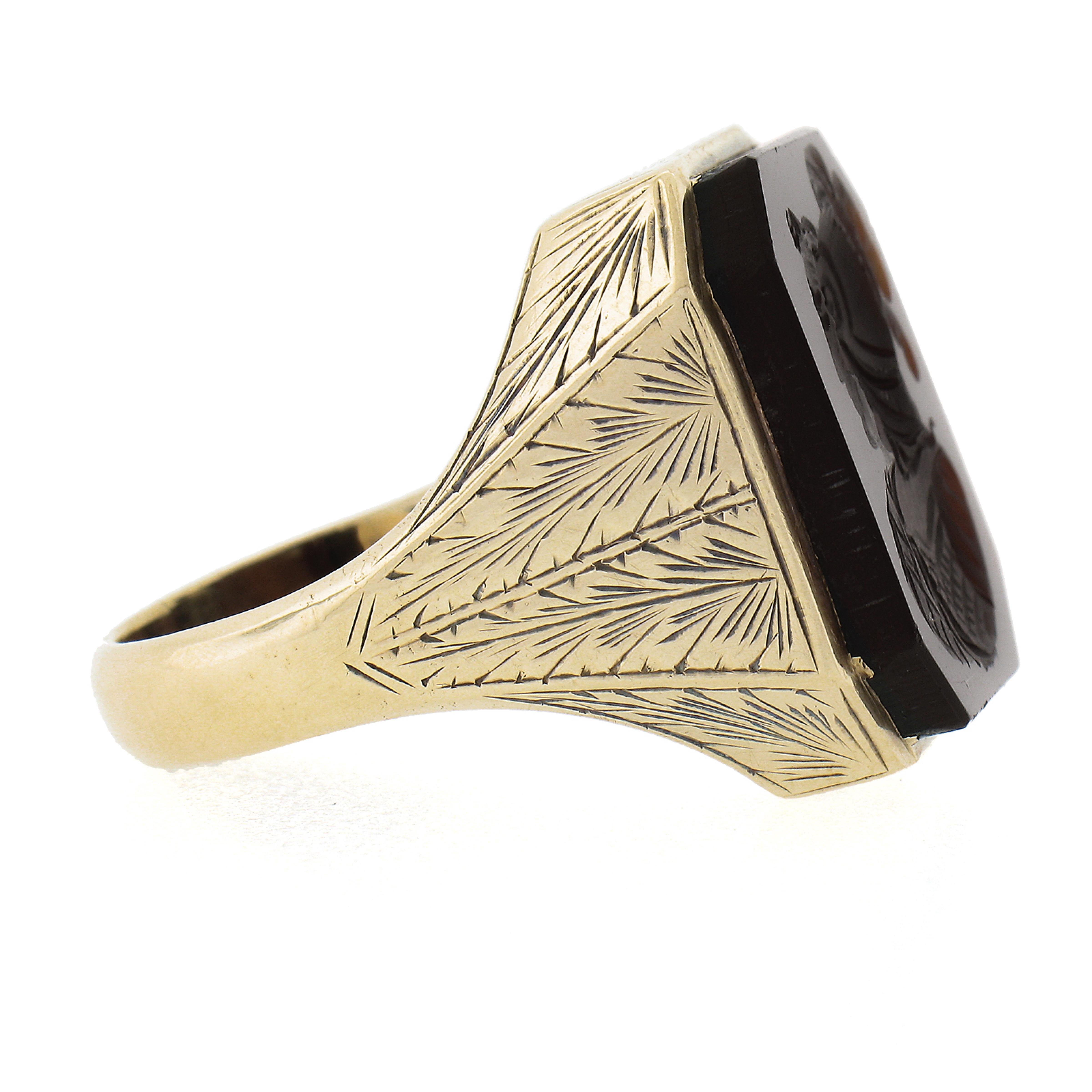 Men's 12k Gold Trojan Carved Carnelian Hand Engraved Etched Signet Statement Ring For Sale