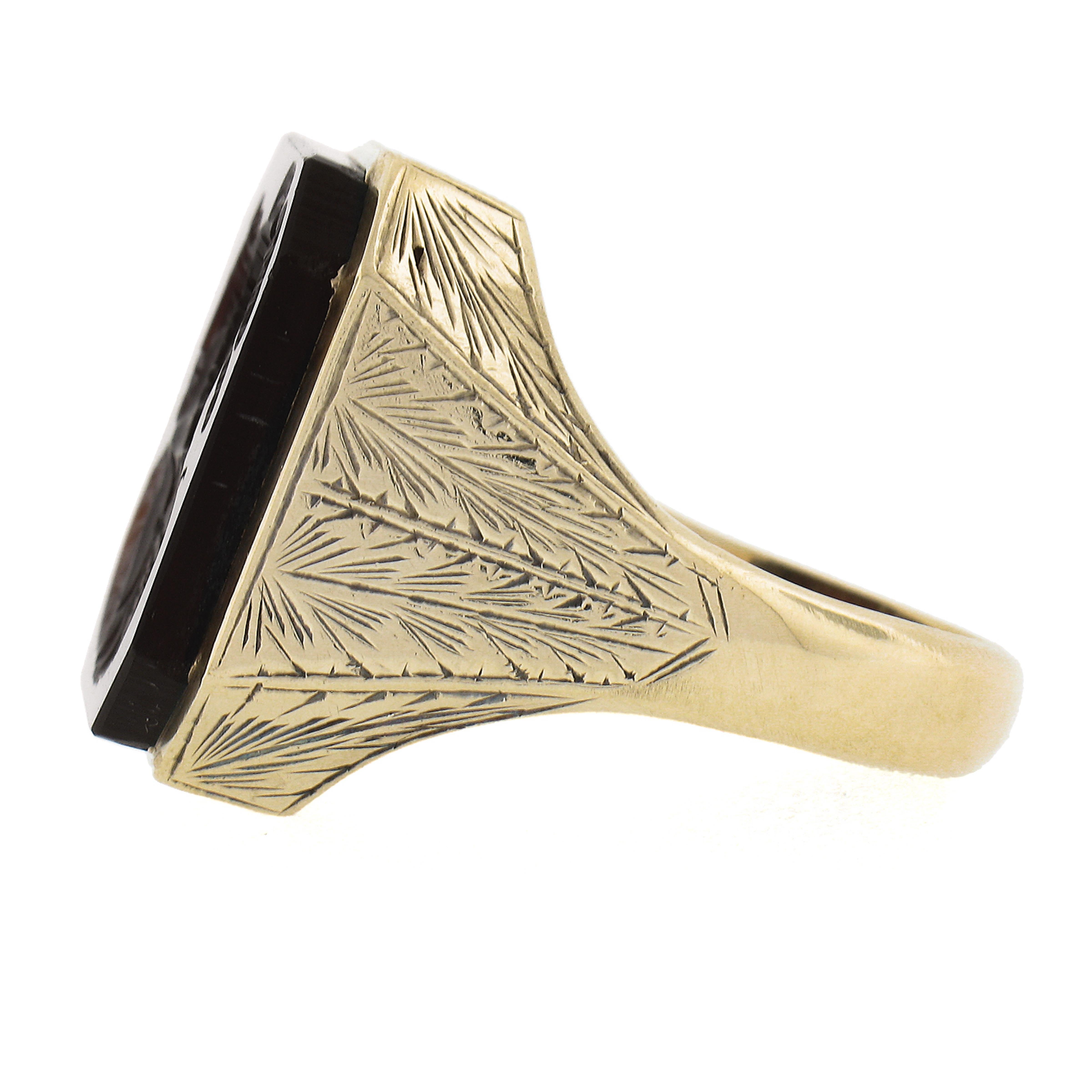 12k Gold Trojan Carved Carnelian Hand Engraved Etched Signet Statement Ring For Sale 1