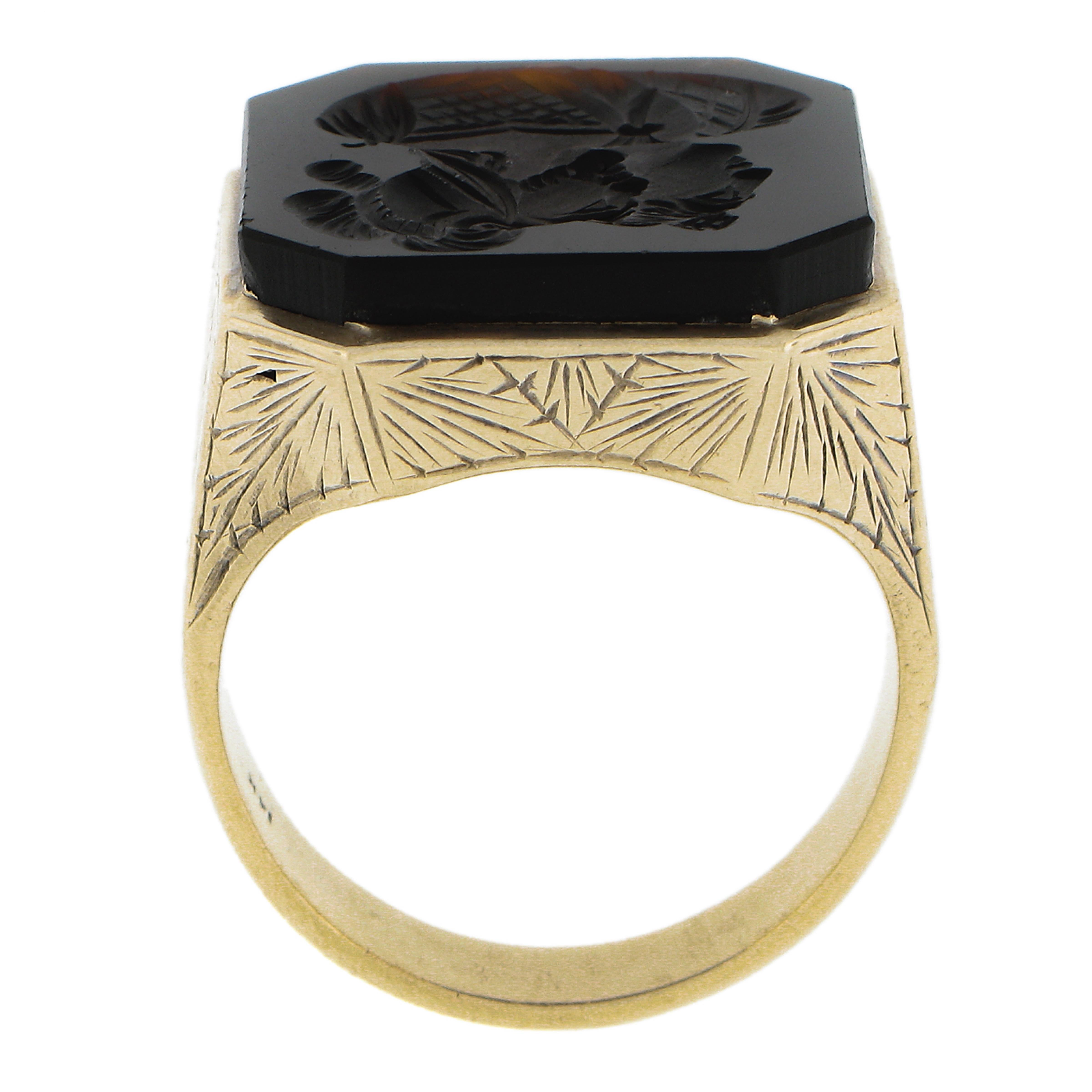 12k Gold Trojan Carved Carnelian Hand Engraved Etched Signet Statement Ring For Sale 3