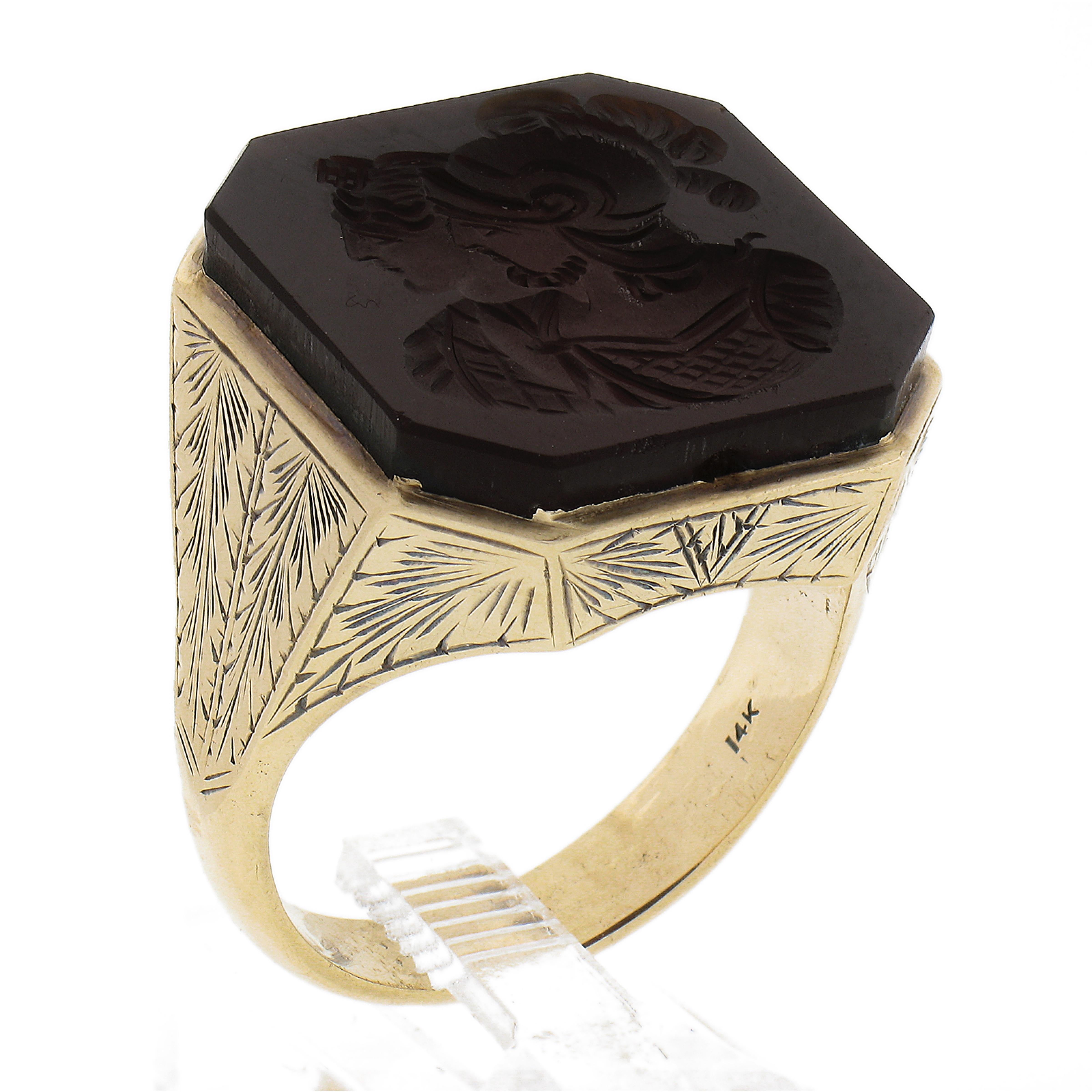 12k Gold Trojan Carved Carnelian Hand Engraved Etched Signet Statement Ring For Sale 4