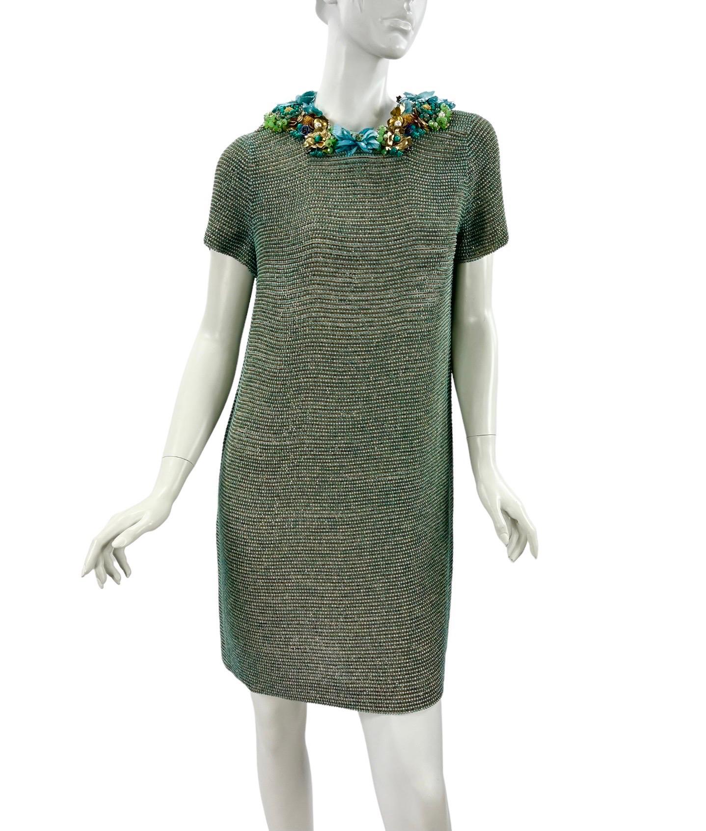 NWT Gucci Fully Beaded and Flower Embellished dress 
Italian size 40 - US 4
Fully beaded with genuine Tibetan turquoise, Lined in 100% Silk.
Measurements: Length - 36 inches, Bust - 36