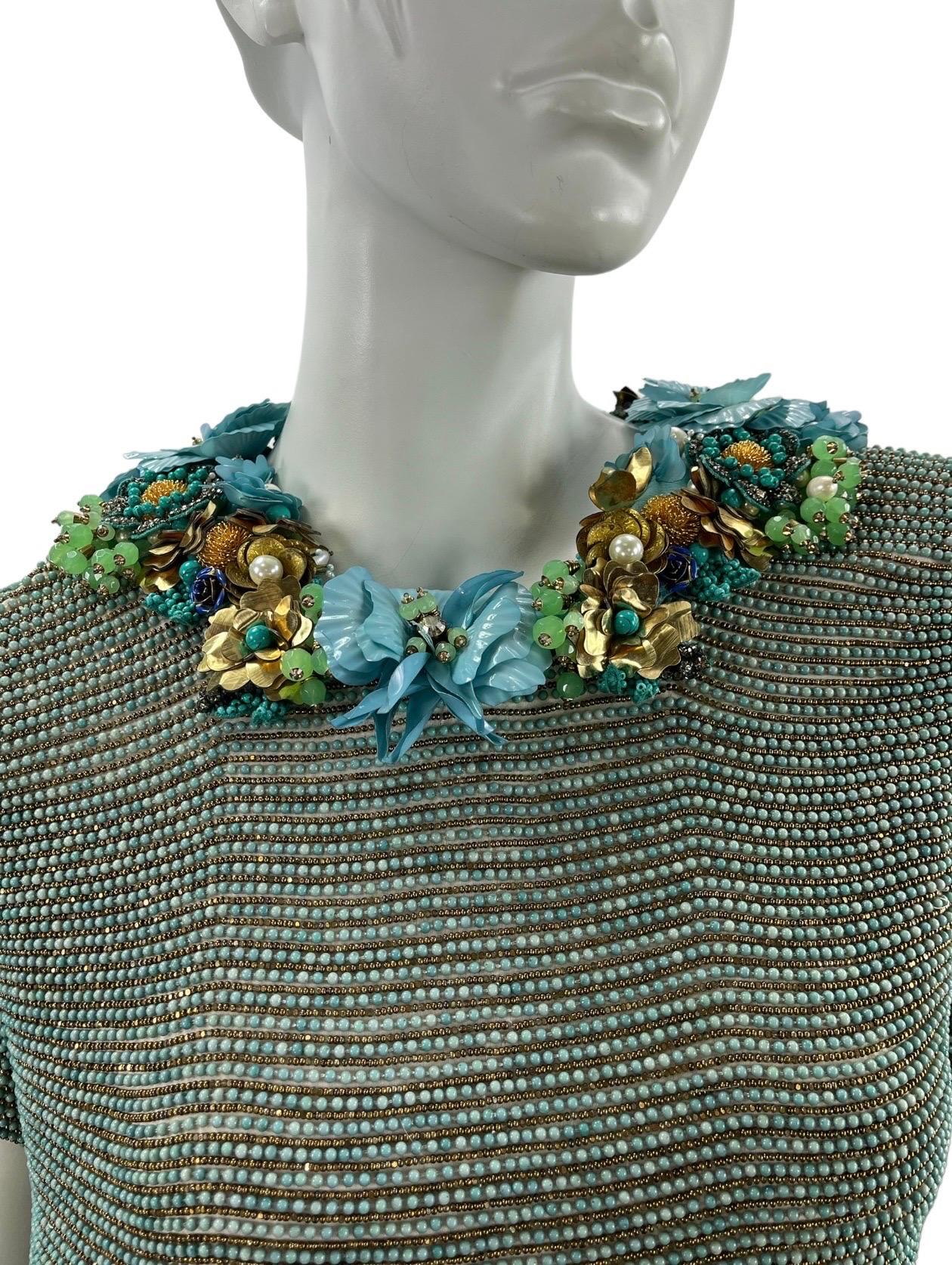 12K Gucci Tibetan Turquoise Fully Beaded and Flower Embellished dress NWT In New Condition For Sale In Montgomery, TX