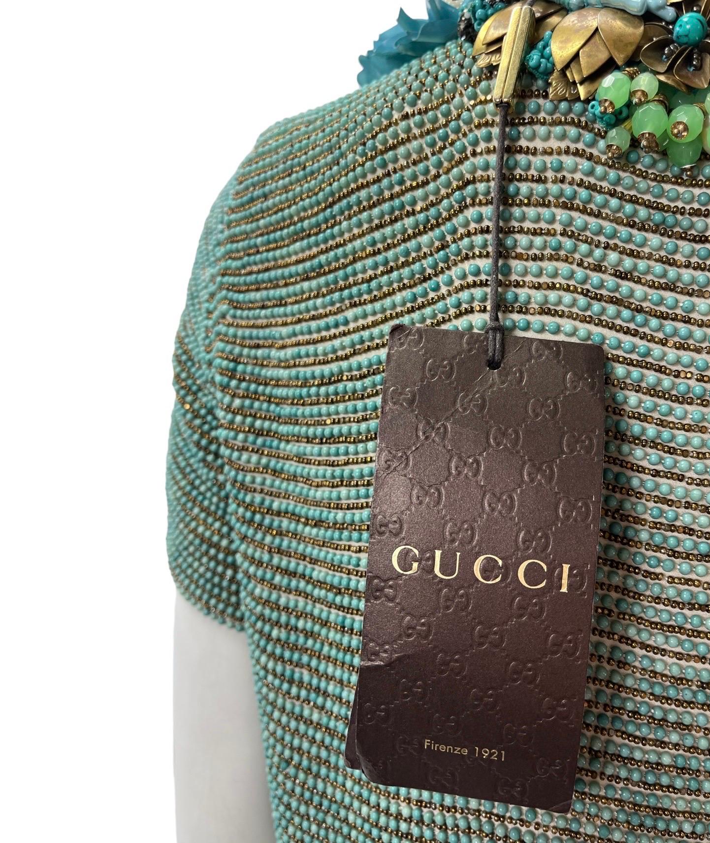 12K Gucci Tibetan Turquoise Fully Beaded and Flower Embellished dress NWT For Sale 3