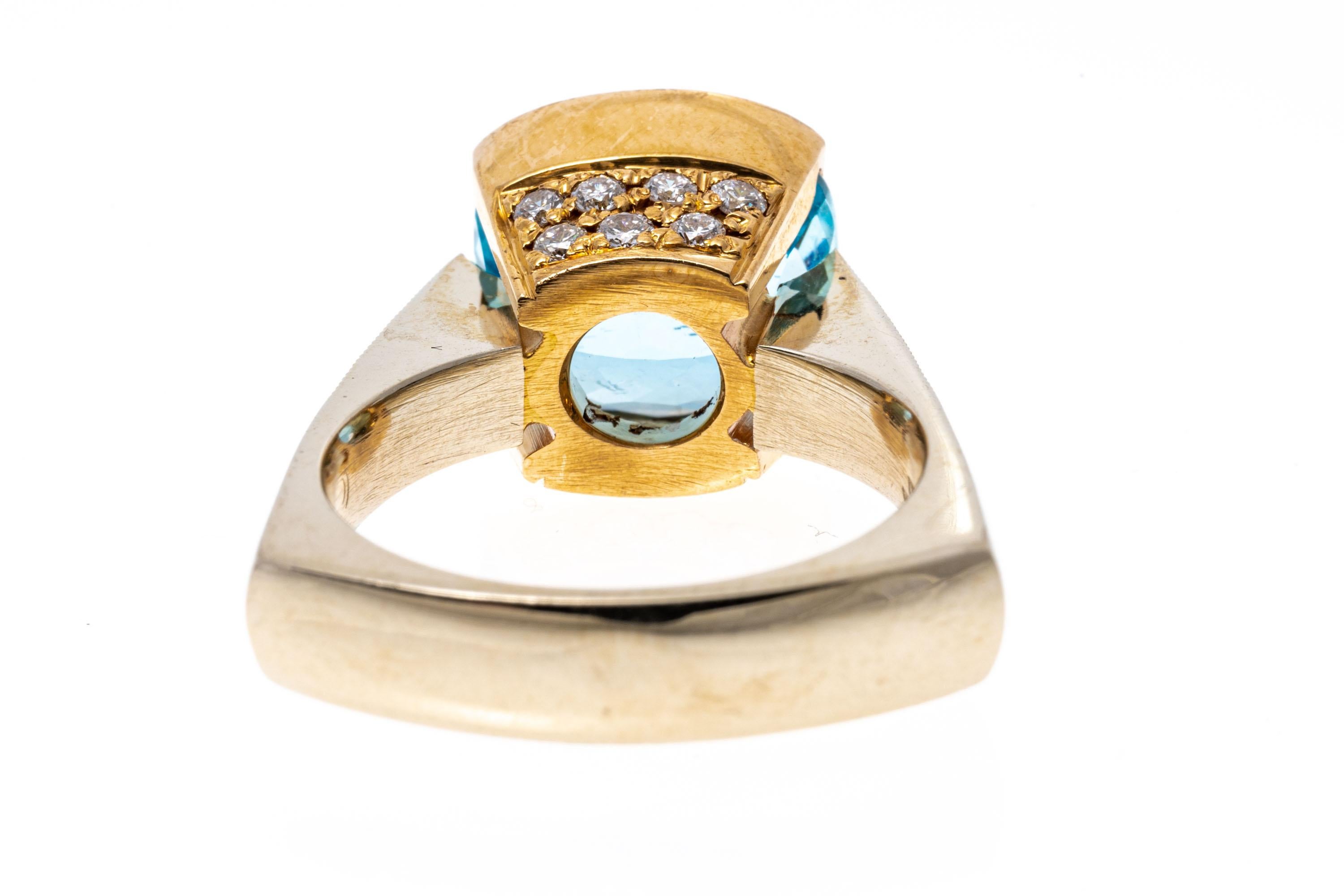 Cushion Cut 12k Rose and White Gold Aquamarine and Diamond Squared off Ring For Sale