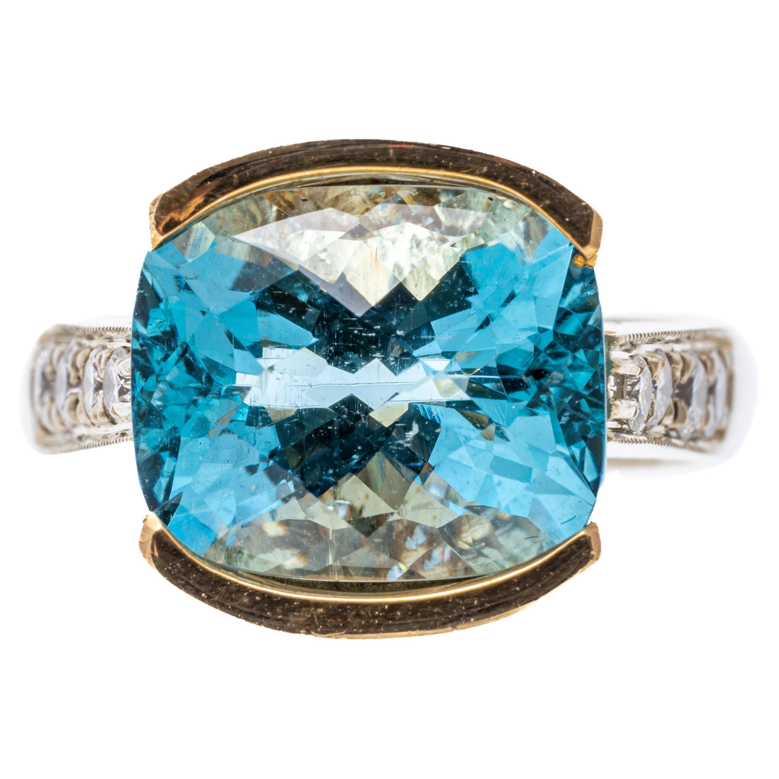 12k Rose and White Gold Aquamarine and Diamond Squared off Ring For Sale