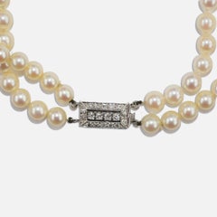 12K White Gold Vintage Double Strand Pearl Necklace with Diamond Clasp