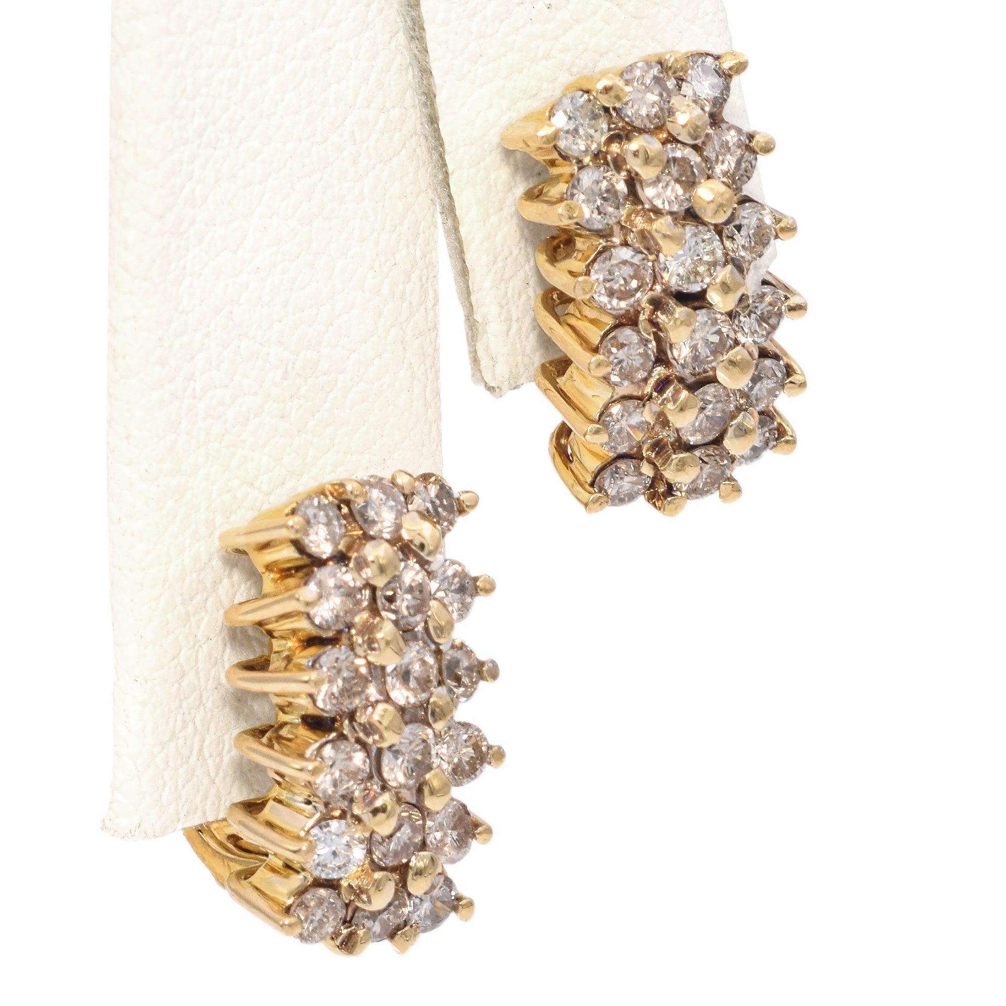 Round Cut 12K Yellow Gold 3-Row 0.70 TCW Diamond Earrings For Sale