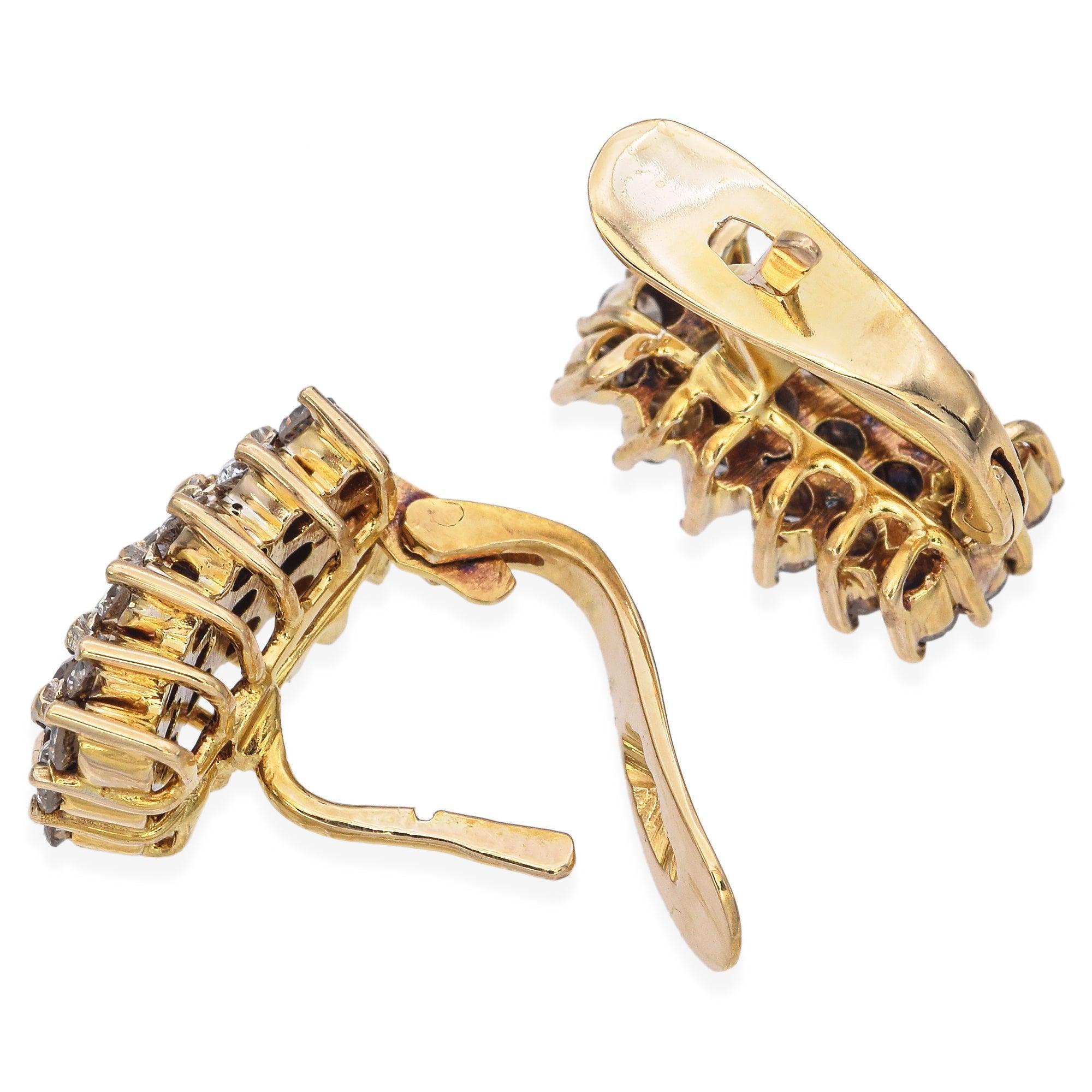 12K Yellow Gold 3-Row 0.70 TCW Diamond Earrings In Good Condition For Sale In New York, NY