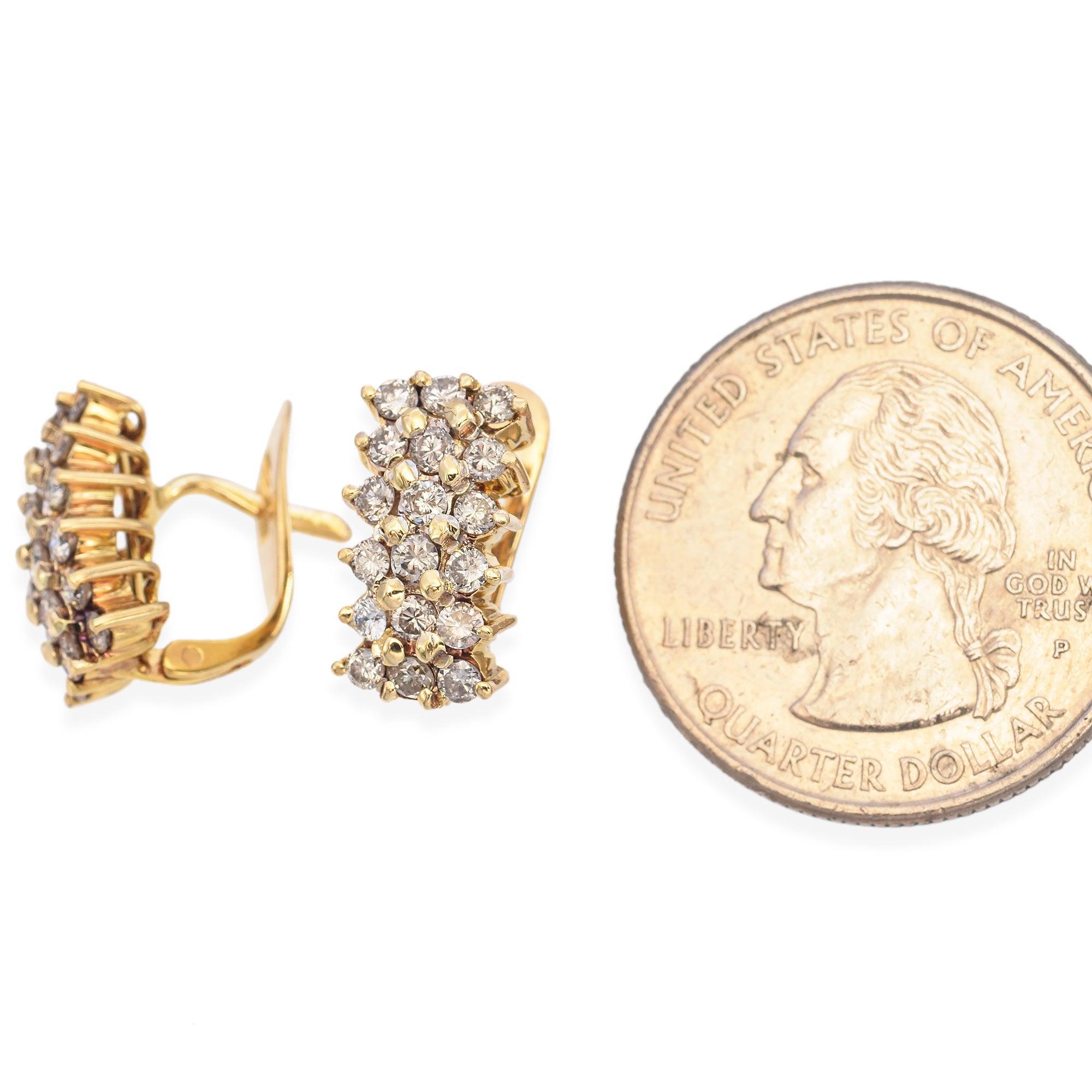 12K Yellow Gold 3-Row 0.70 TCW Diamond Earrings For Sale 1