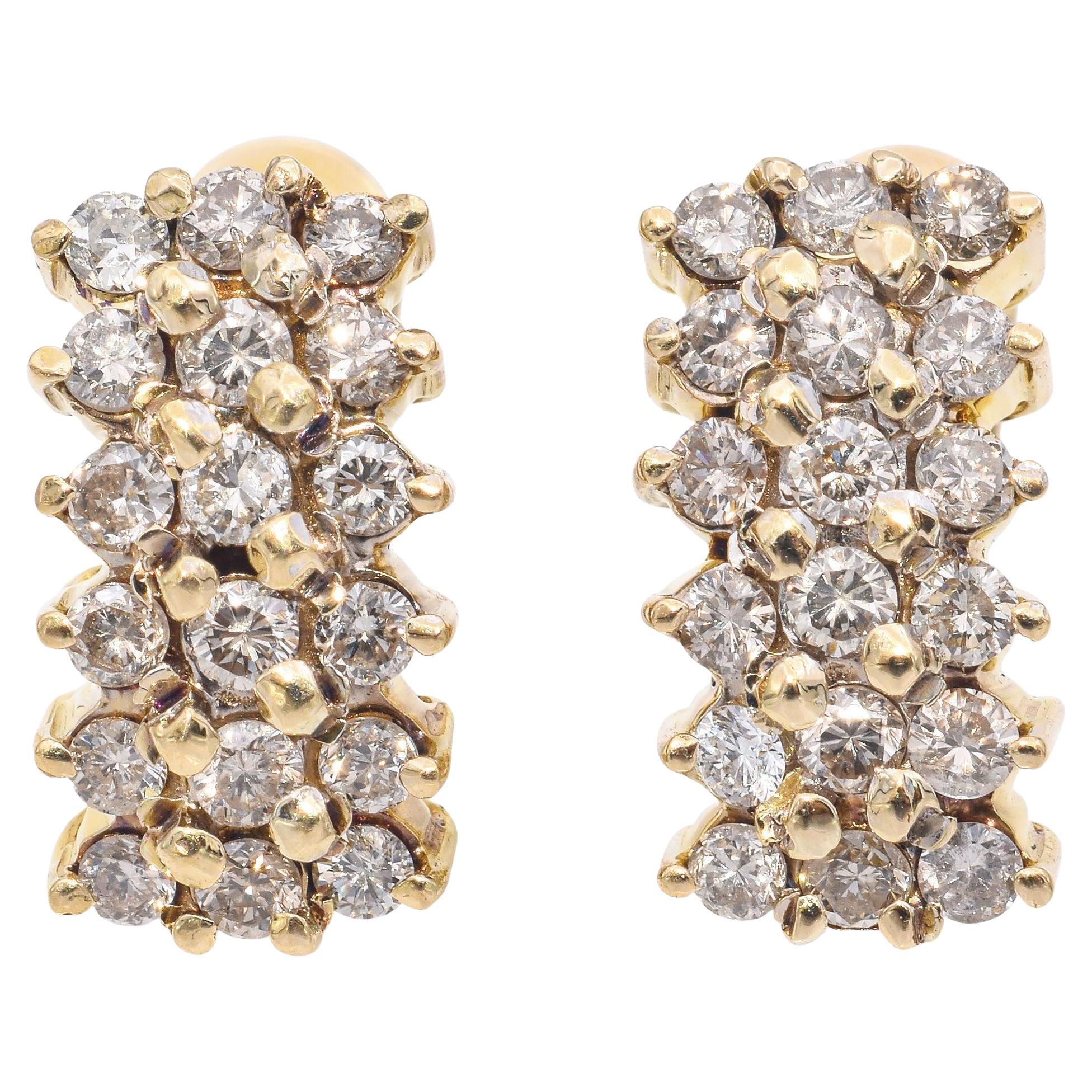 12K Yellow Gold 3-Row 0.70 TCW Diamond Earrings For Sale