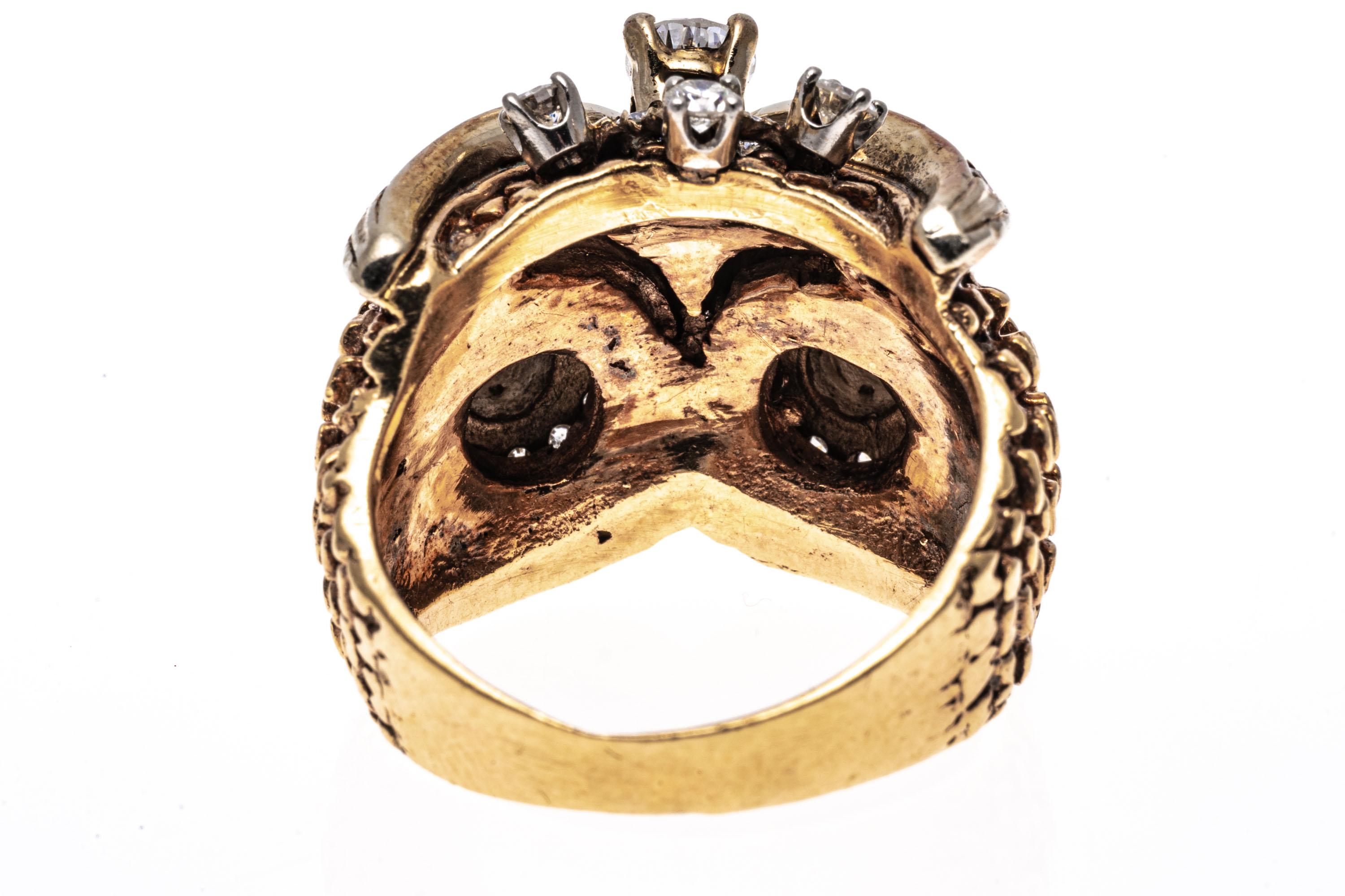 Round Cut 12k Yellow Gold Diamond Set Owl Motif Ring, App. 0.83 TCW For Sale