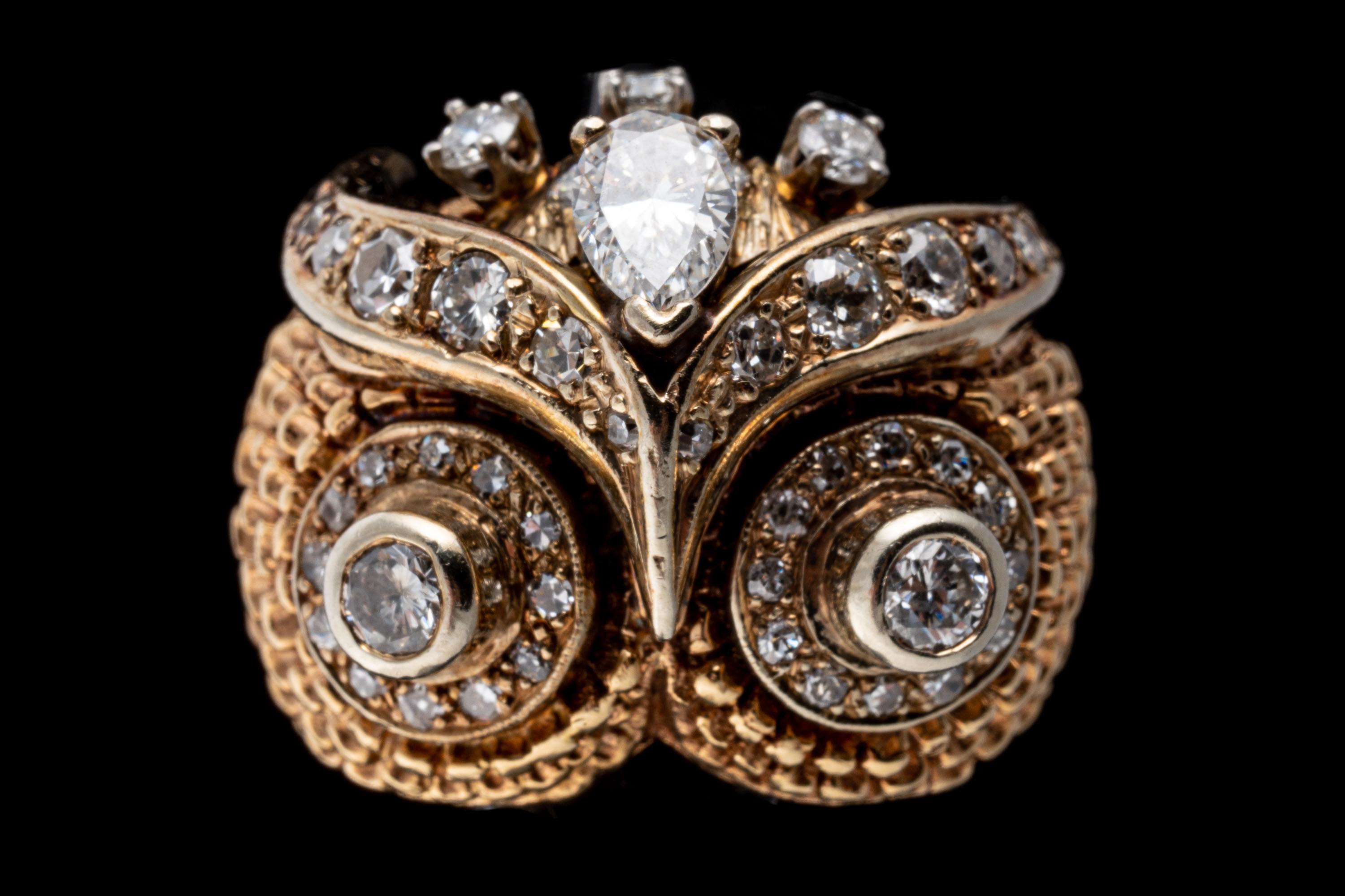 12k Yellow Gold Diamond Set Owl Motif Ring, App. 0.83 TCW In Good Condition For Sale In Southport, CT