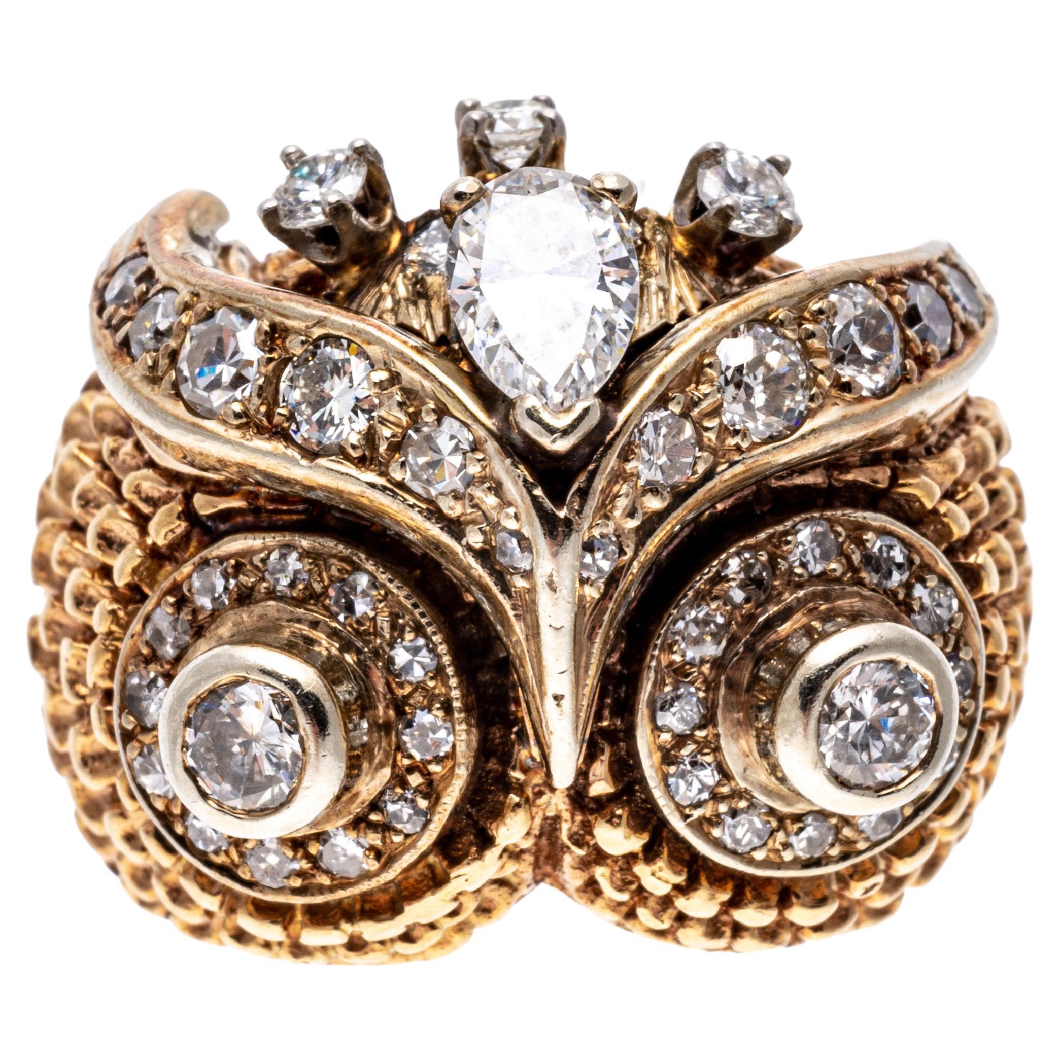 12k Yellow Gold Diamond Set Owl Motif Ring, App. 0.83 TCW For Sale