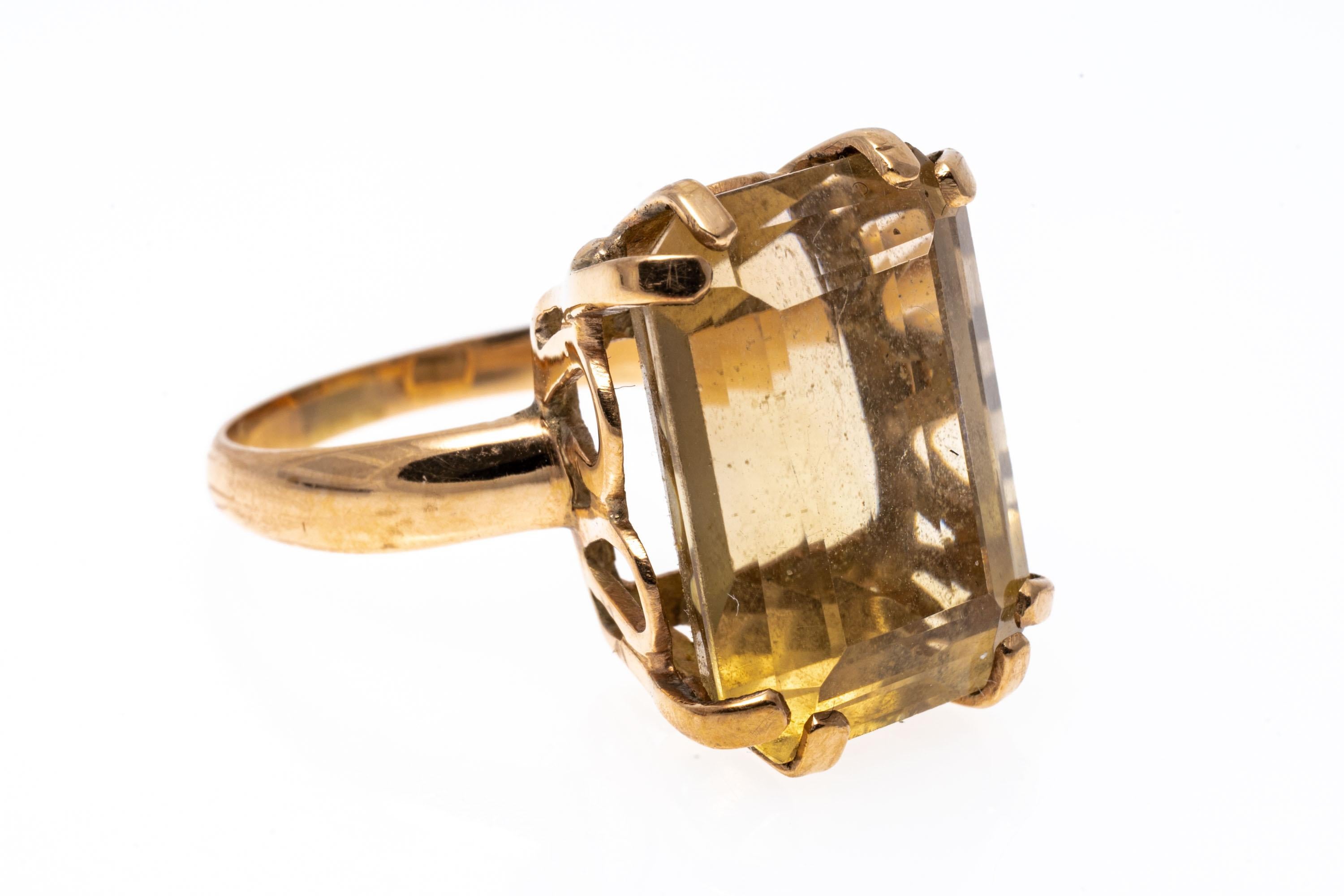 Retro 12k Yellow Gold Emerald Cut Smoky Quartz 'App. 12.02 CTS' Ring For Sale