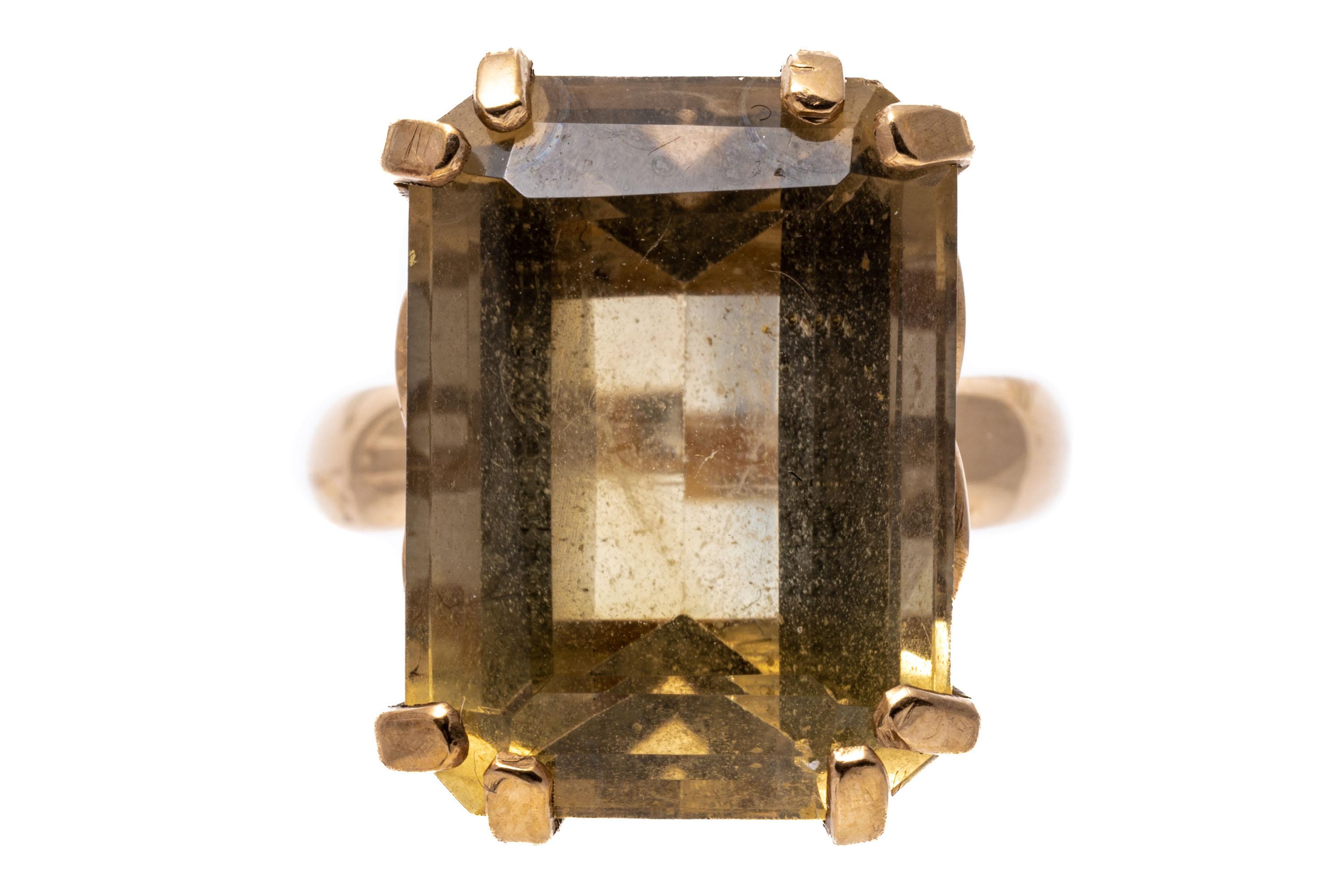 Women's 12k Yellow Gold Emerald Cut Smoky Quartz 'App. 12.02 CTS' Ring For Sale