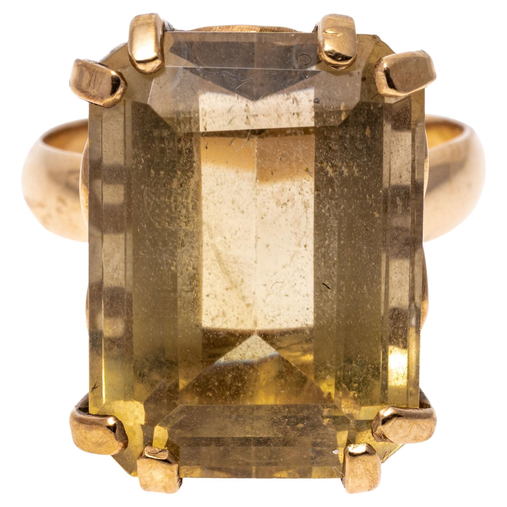 12k Yellow Gold Emerald Cut Smoky Quartz 'App. 12.02 CTS' Ring For Sale