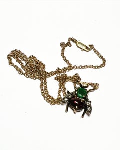 12k Yellow Gold, Emerald, Diamond Garnet Fly Bee Necklace Pendant