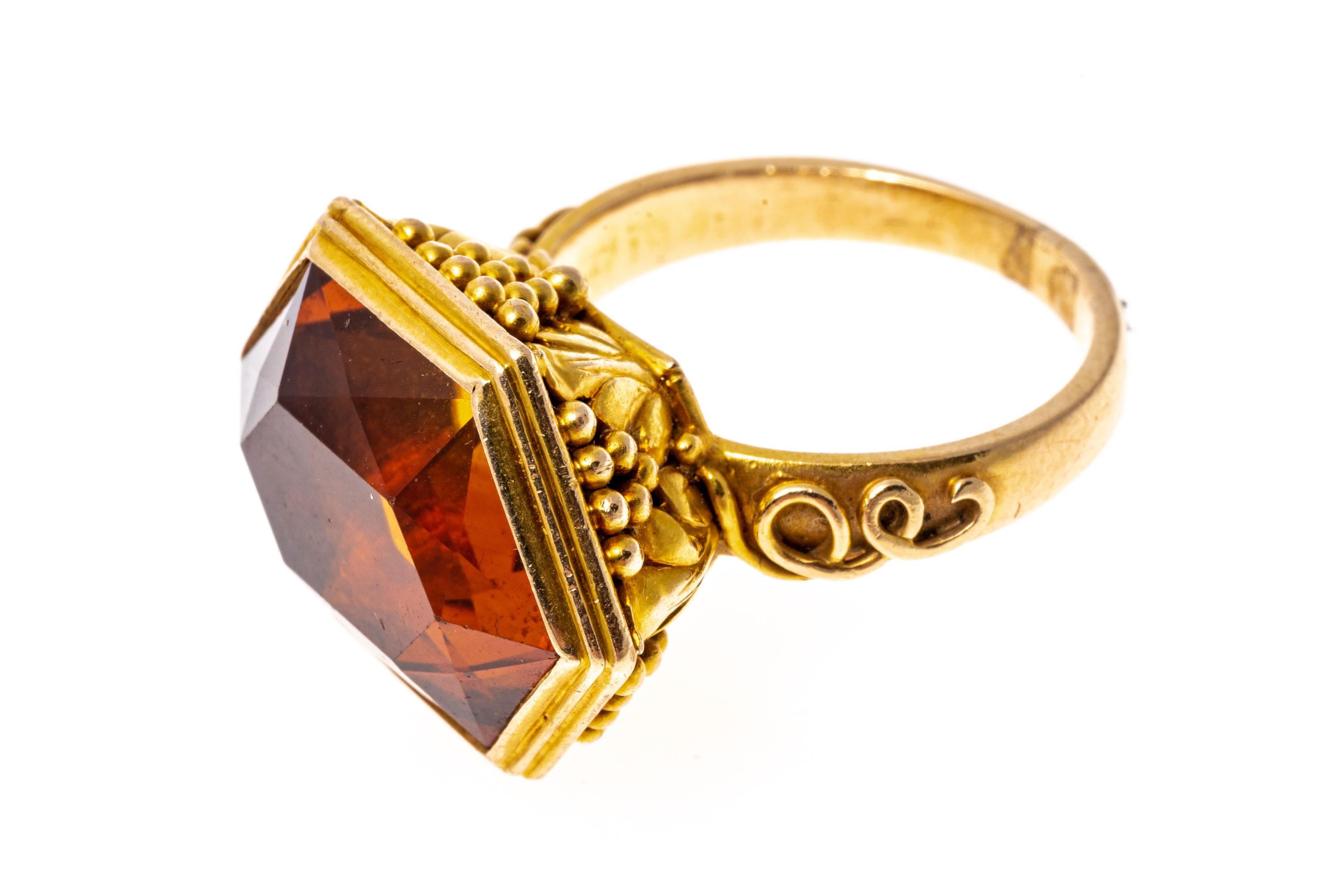 Contemporary 12k Yellow Gold Hexagonal Orange Citrine, Grape And Vine Motif Ring, Size 6.75 For Sale