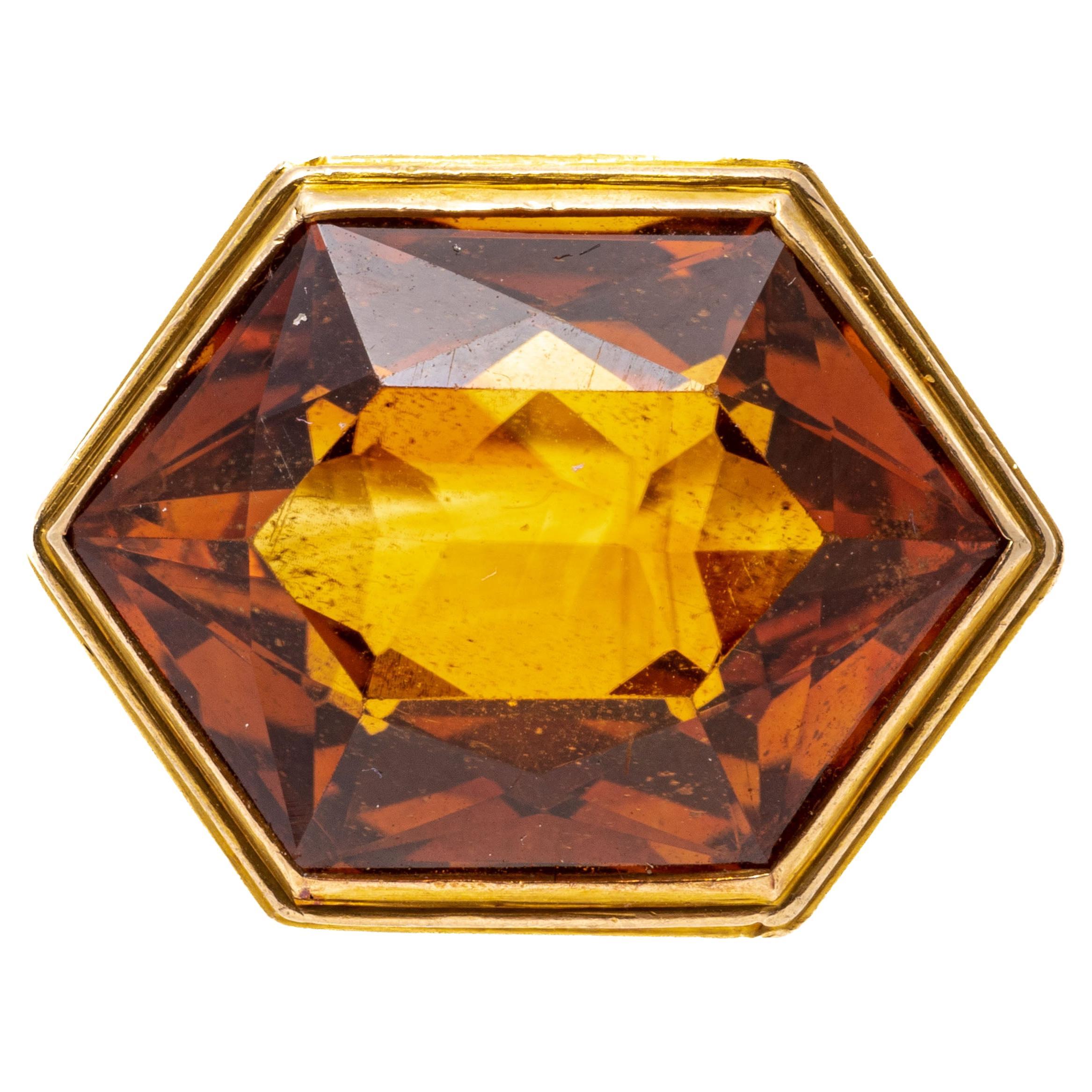 Sechseckiger Ring aus 12 Karat Gelbgold mit orangefarbenem Citrin, Trauben- und Weinmotiv, Größe 6,75 im Angebot