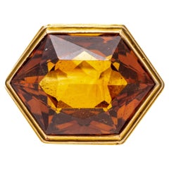 12k Yellow Gold Hexagonal Orange Citrine, Grape And Vine Motif Ring, Size 6.75