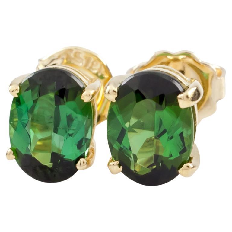 12k Yellow Gold Oval Cut Green Tourmaline Solitaire Stud Earrings For Sale