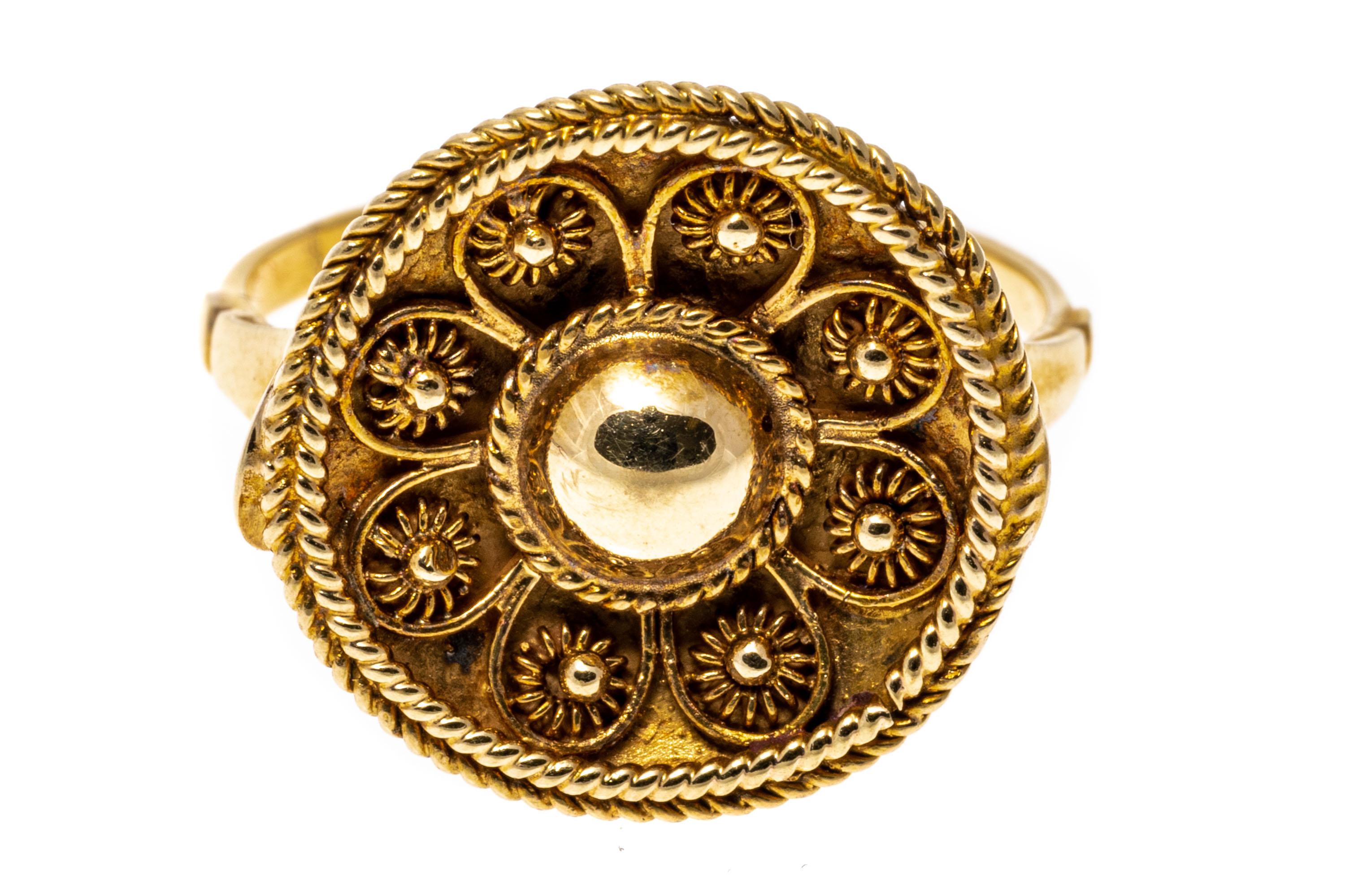 12k Yellow Gold Round Etruscan Style Ring For Sale 1